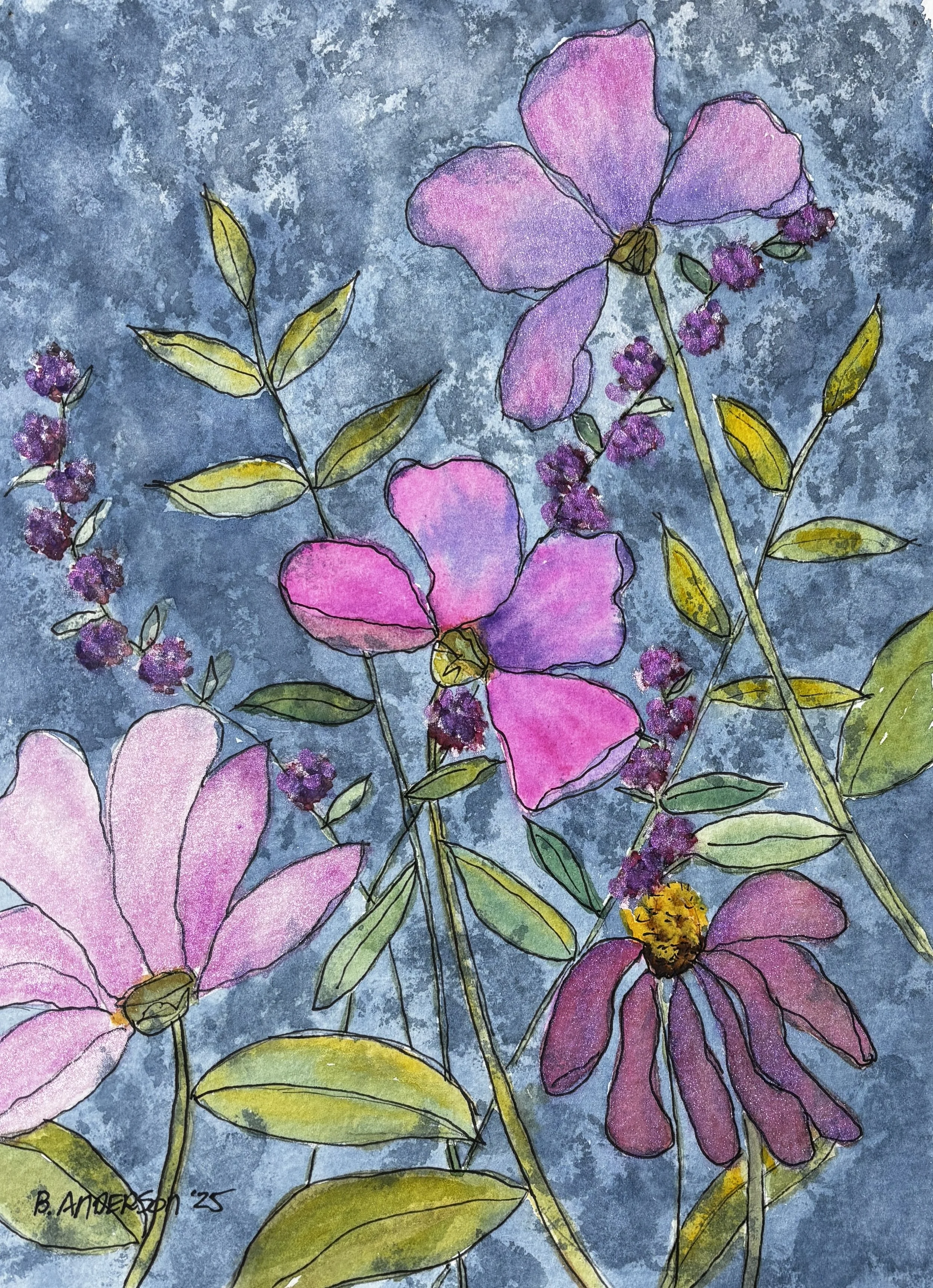 Shades of bright pink flowers against a blue background.