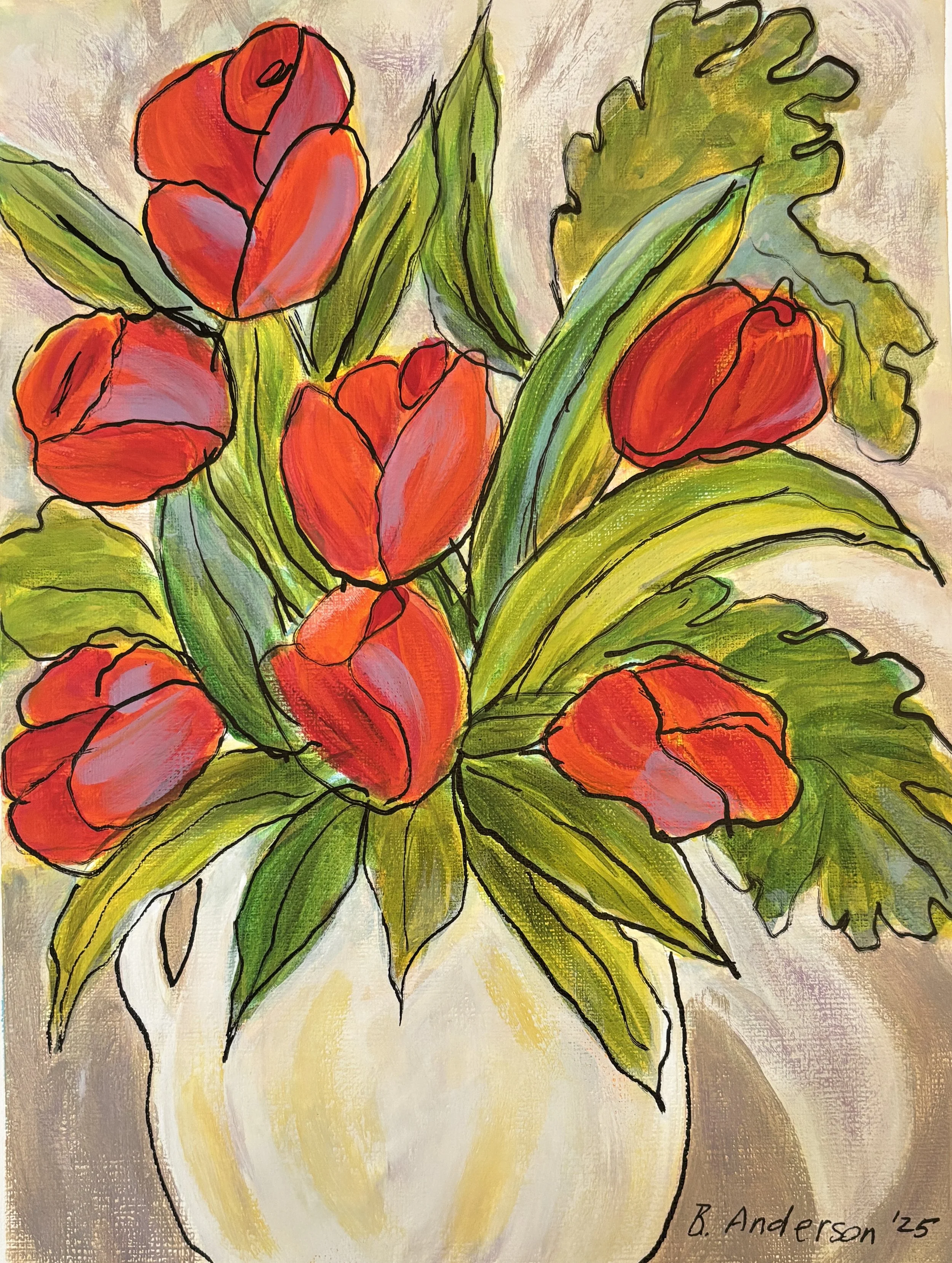 Vibrant Tulips in Cream Embrace 9 × 12 original acrylic