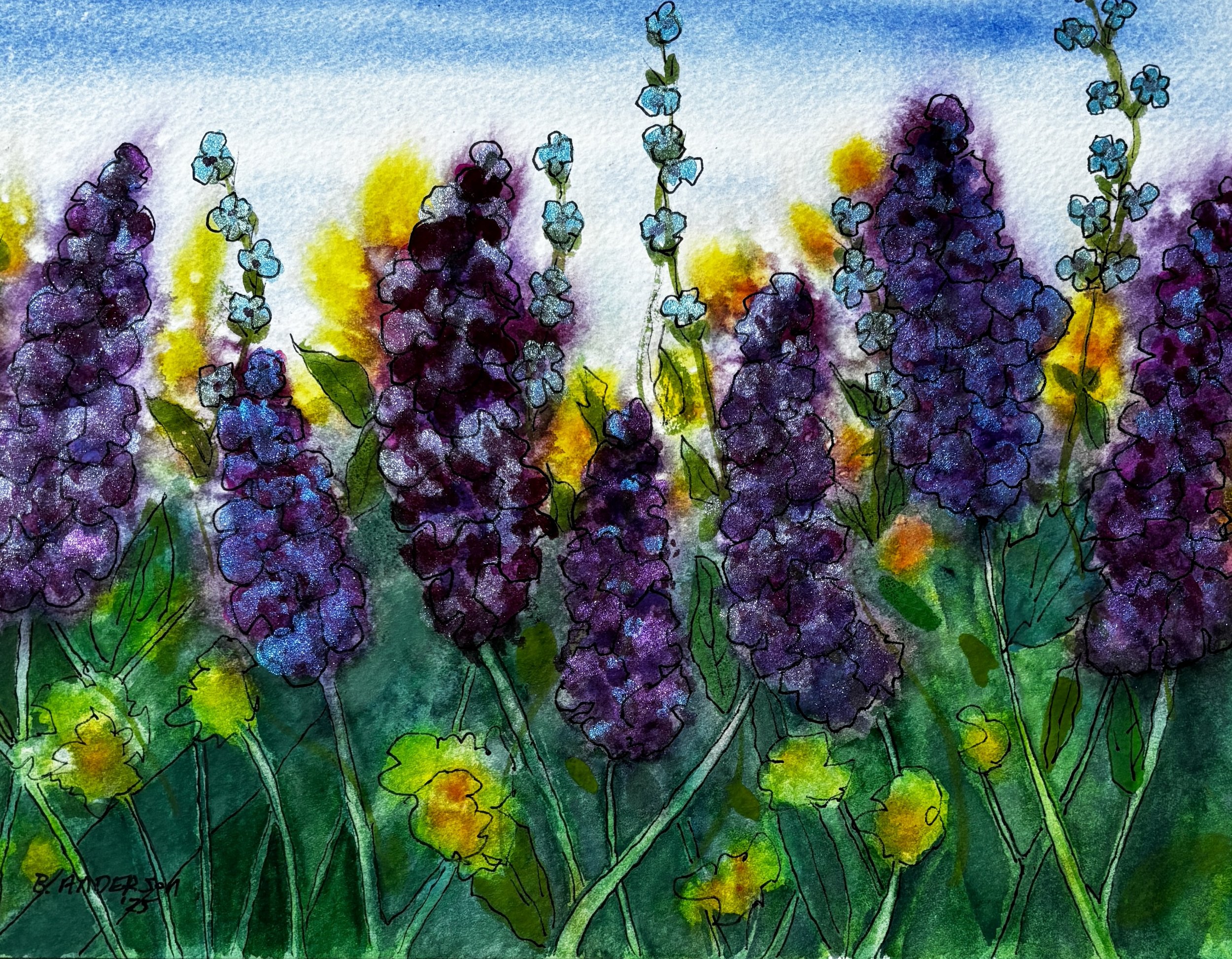 Violet Clusters on a Breeze     9 x 12   Watercolor Original