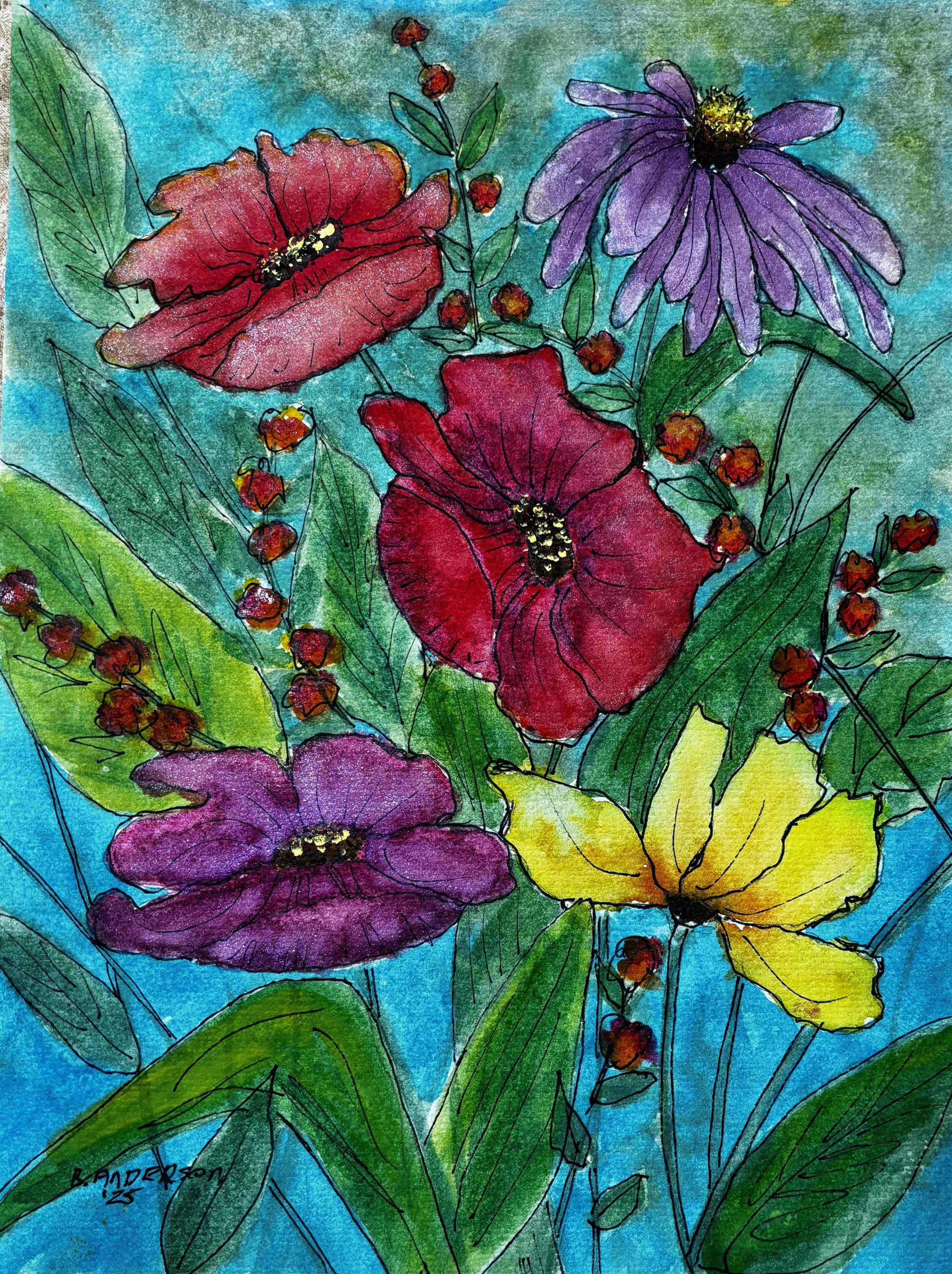Vivid Gardens in a Turquoise Dream   9 x 12  Watercolor  original
