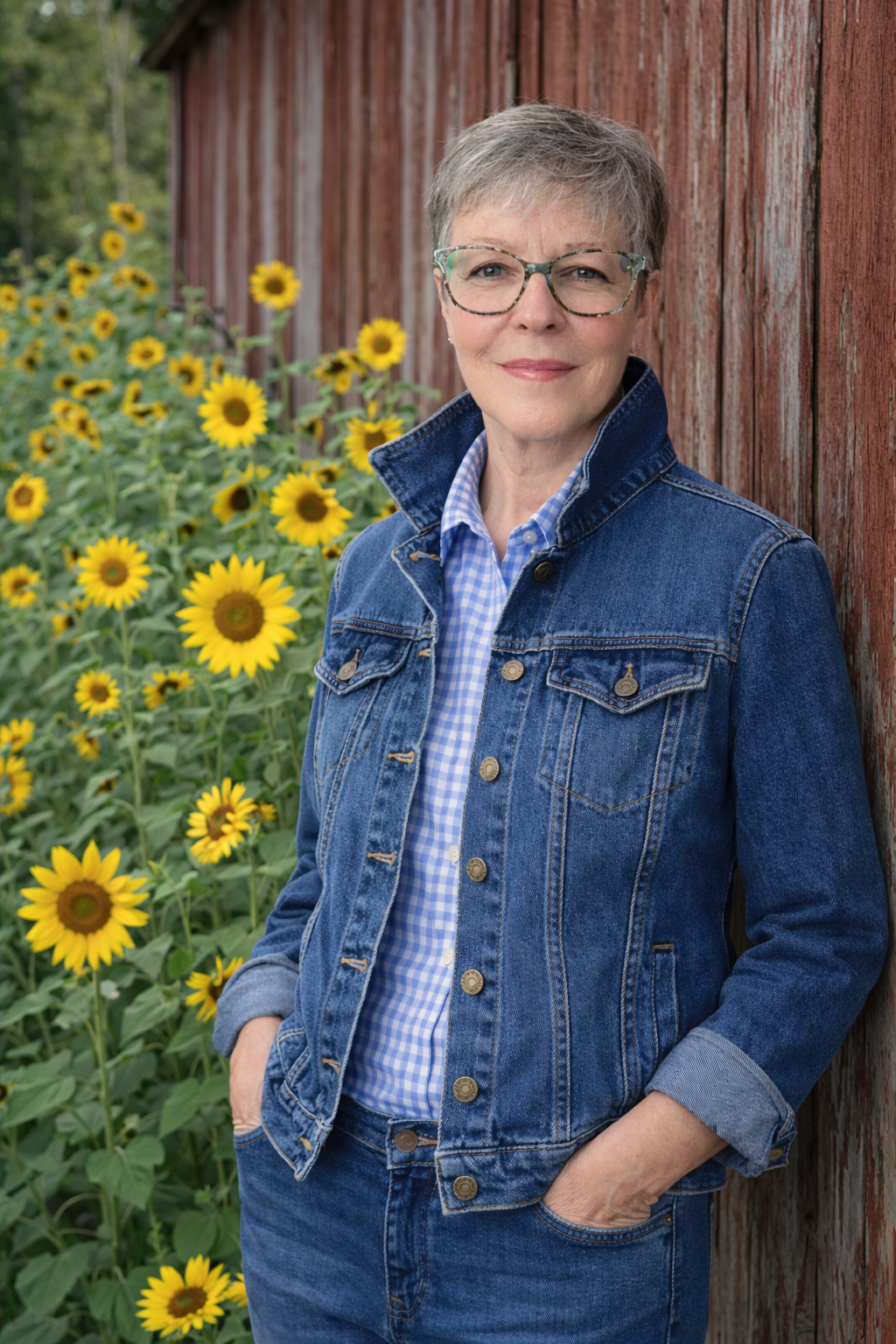 Portrait of artist Brenda Anderson standing beside a red barn and sunflowers