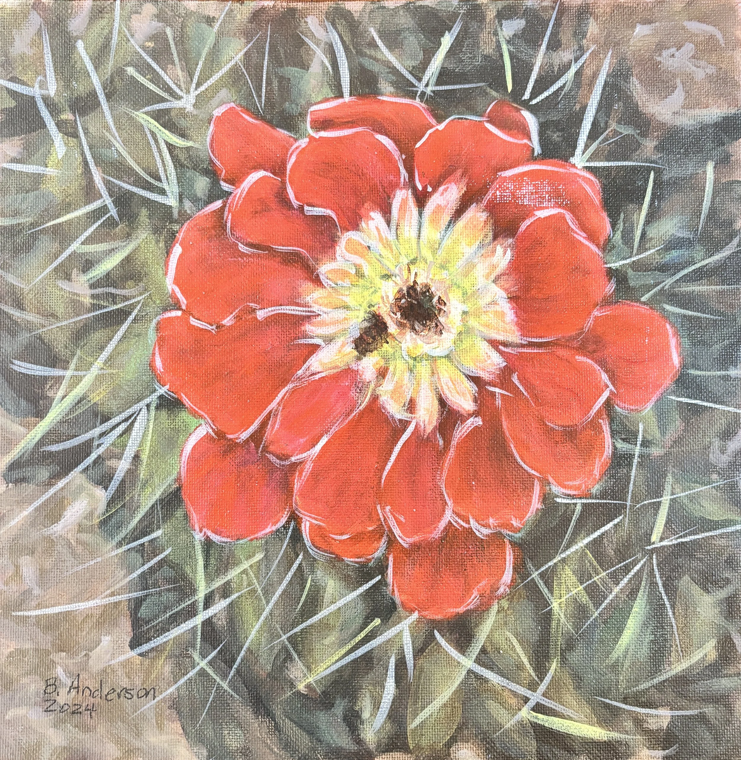 Painting of a cactus with a large red flower blooming at the top, surrounded by green spines and a sandy background.