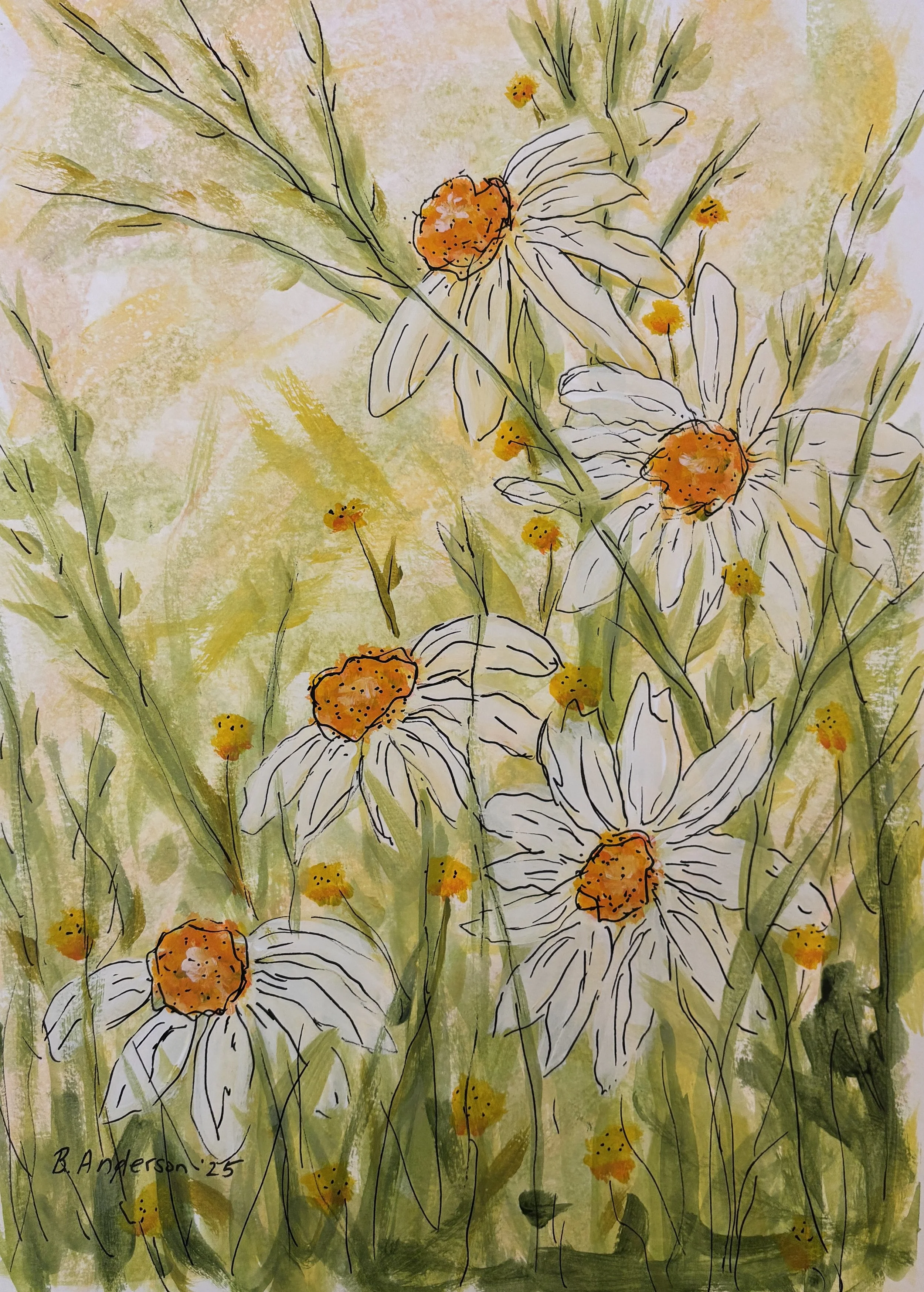 Watercolor painting of white flowers with orange centers, surrounded by green leaves and yellow small flowers, with the artist's signature 'B. Anderson 25' in the bottom left corner.