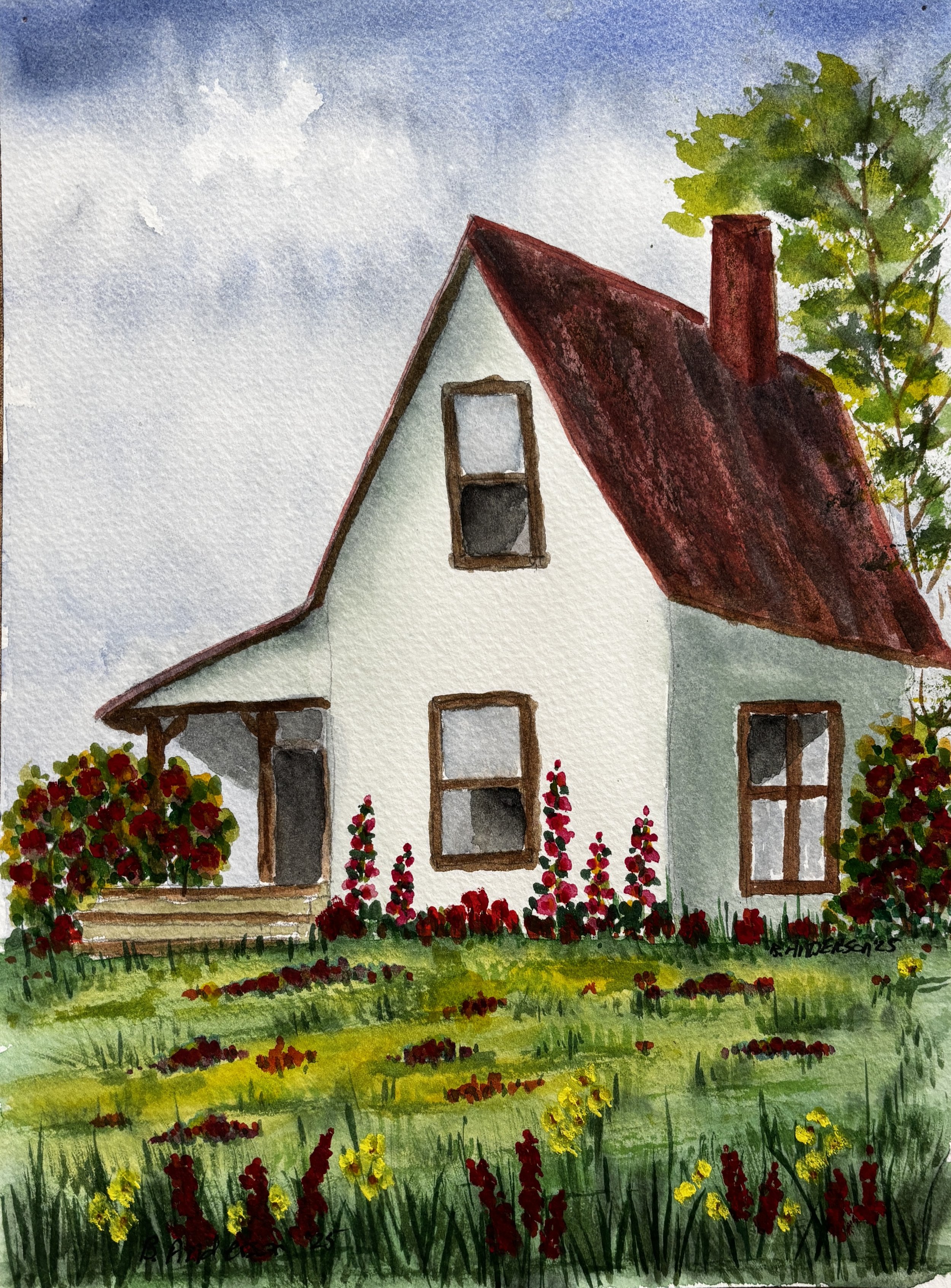 Whispered Porch of Crimson Blooms-watercolor fine art print