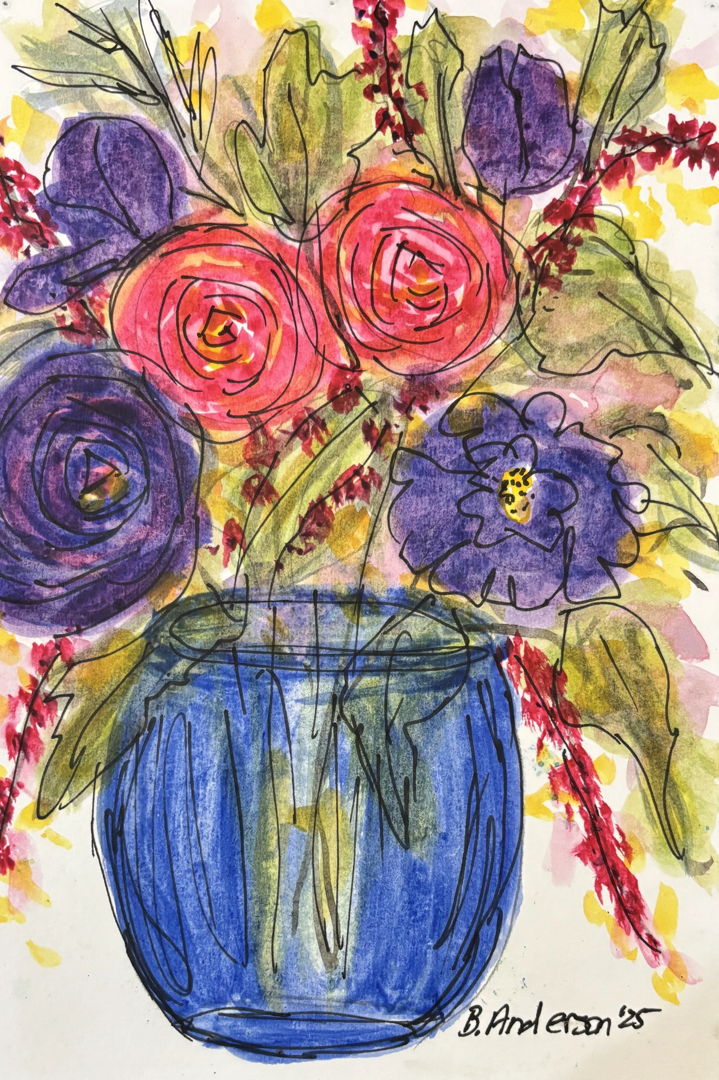 Floral Symphony on a Cobalt Stage 6 × 8 original watercolor