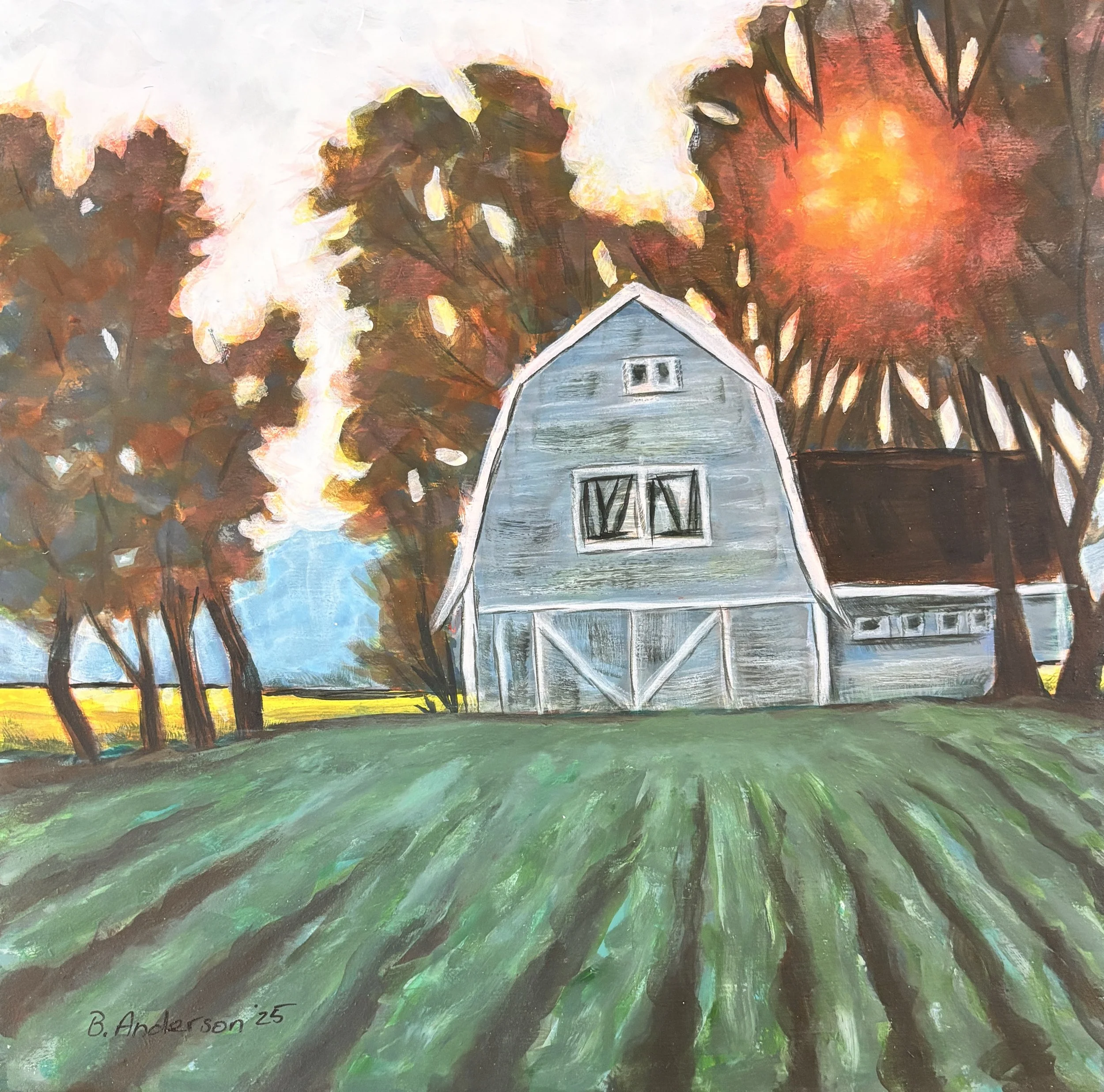 The Blue Barn’s Autumnal Reverie 12 × 12 original acrylic