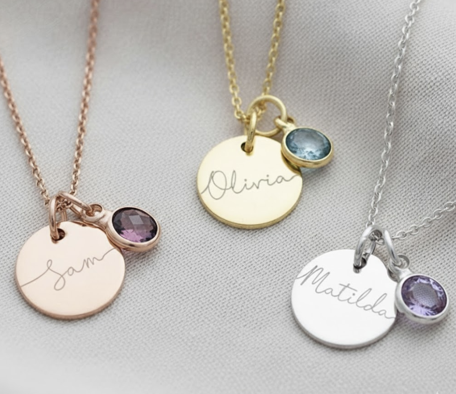 Personalised Round Disk Pendant Necklace with Birthstone
