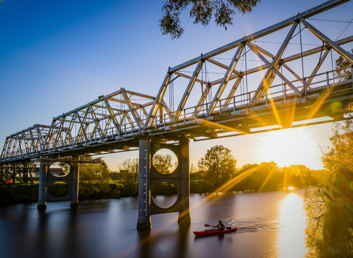 A metal truss bridge over a river at sunset with a person kayaking beneath it.