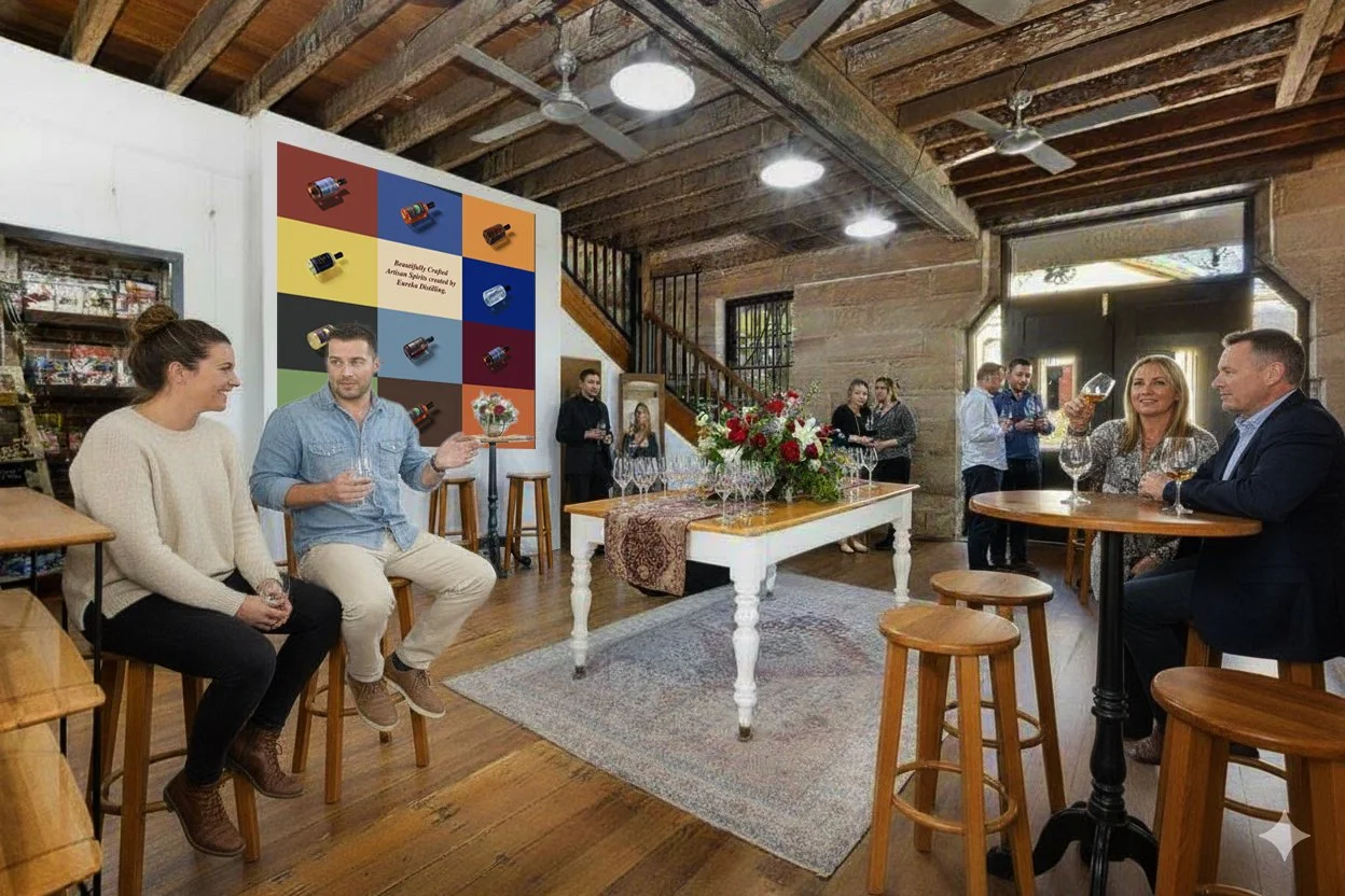 People gathered in a rustic event space, sitting and standing around wooden tables with wine glasses, engaging in conversation, with a floral centerpiece on a white table and colorful artwork on the wall.