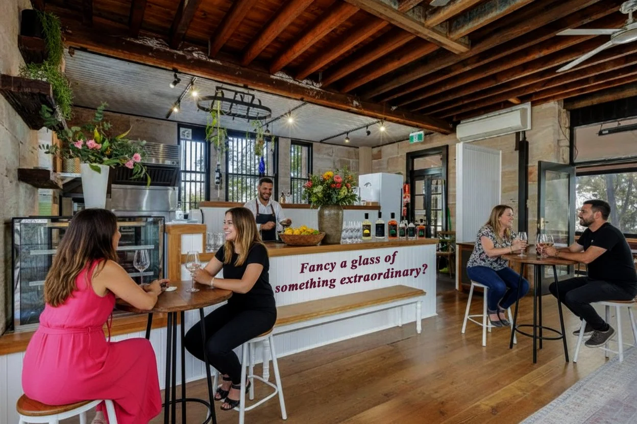 People dining inside a cozy restaurant, two women talking at a high table near the bar, and a couple having drinks at another table. The bar has a large flower arrangement and the phrase 'Fancy a glass of something extraordinary?' written on it.