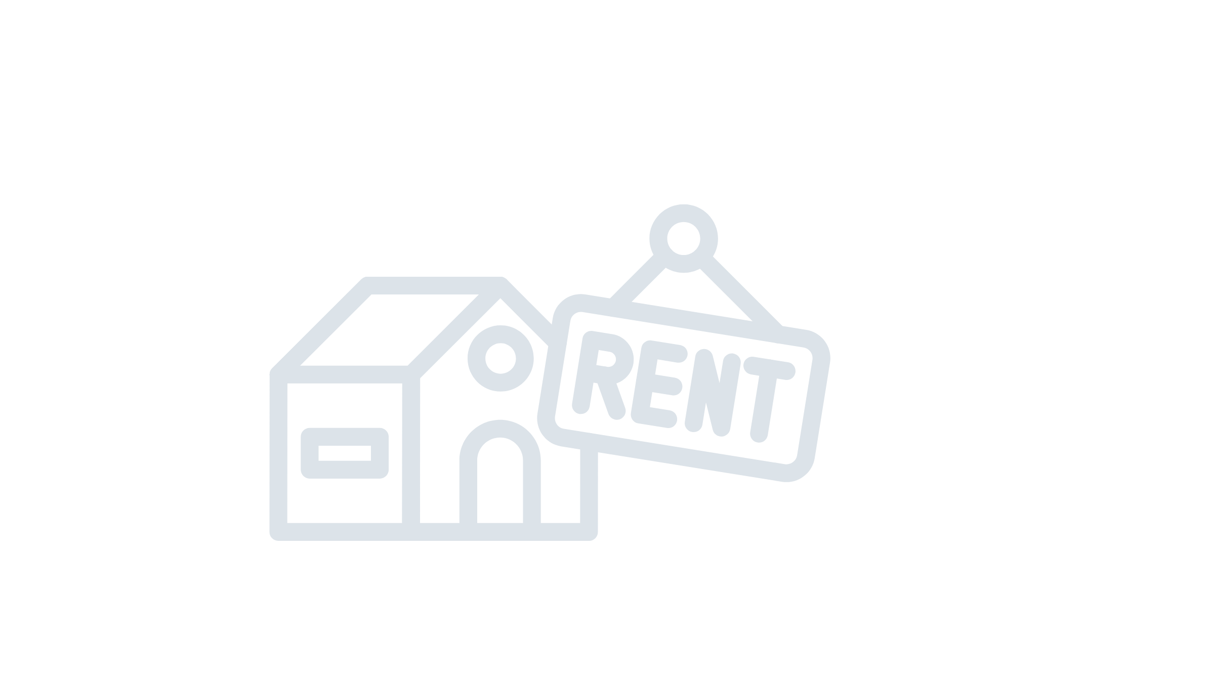 Outline of a house with a hanging sign that says "RENT" on a black background.