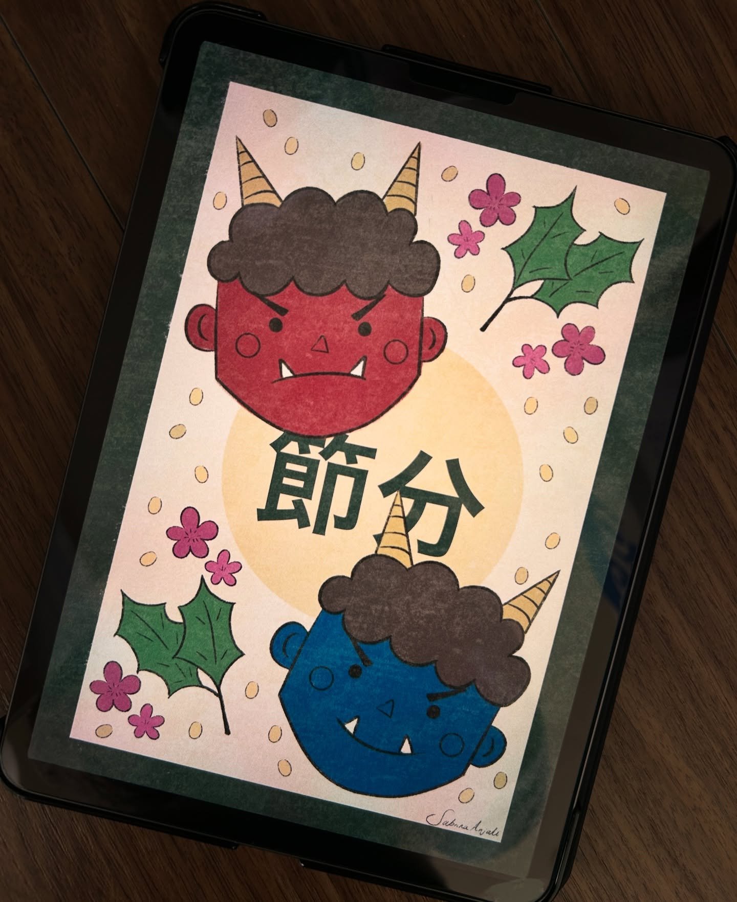 Setsubun illustration
On the 3rd of February it was Setsubun, when you throw beans at demons to ward away back luck and welcome good fortune for spring!

Look at my adorable pastry- looking a little sad after the bean throwing maybe?😂

#kidlitillust