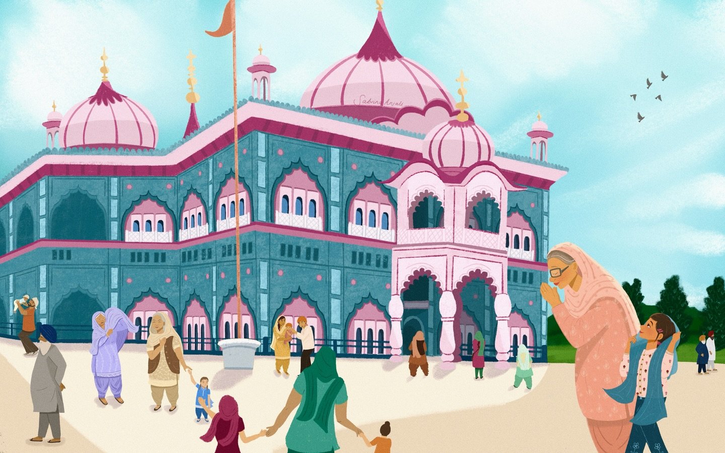 Going to the Gurdwara(Temple) with Nani. The finished spread of my favorite piece ✨ I loved every minute of doing this drawing! 💖 

#kidlitartpostcard #kidlitillustrator #picturebookillustration #southasianart #childrensbookillustration