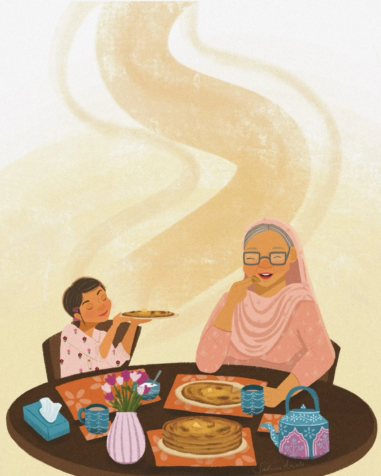 The smell of Aloo phrate✨✨ 
(Mashed potato mixed with masala, onions and chili stuffed into a thin crispy roti) it&rsquo;s heavenly ✨
Another illustration for this sequence I was working on of this sweet granddaughter with her Nani.
I loved drawing t