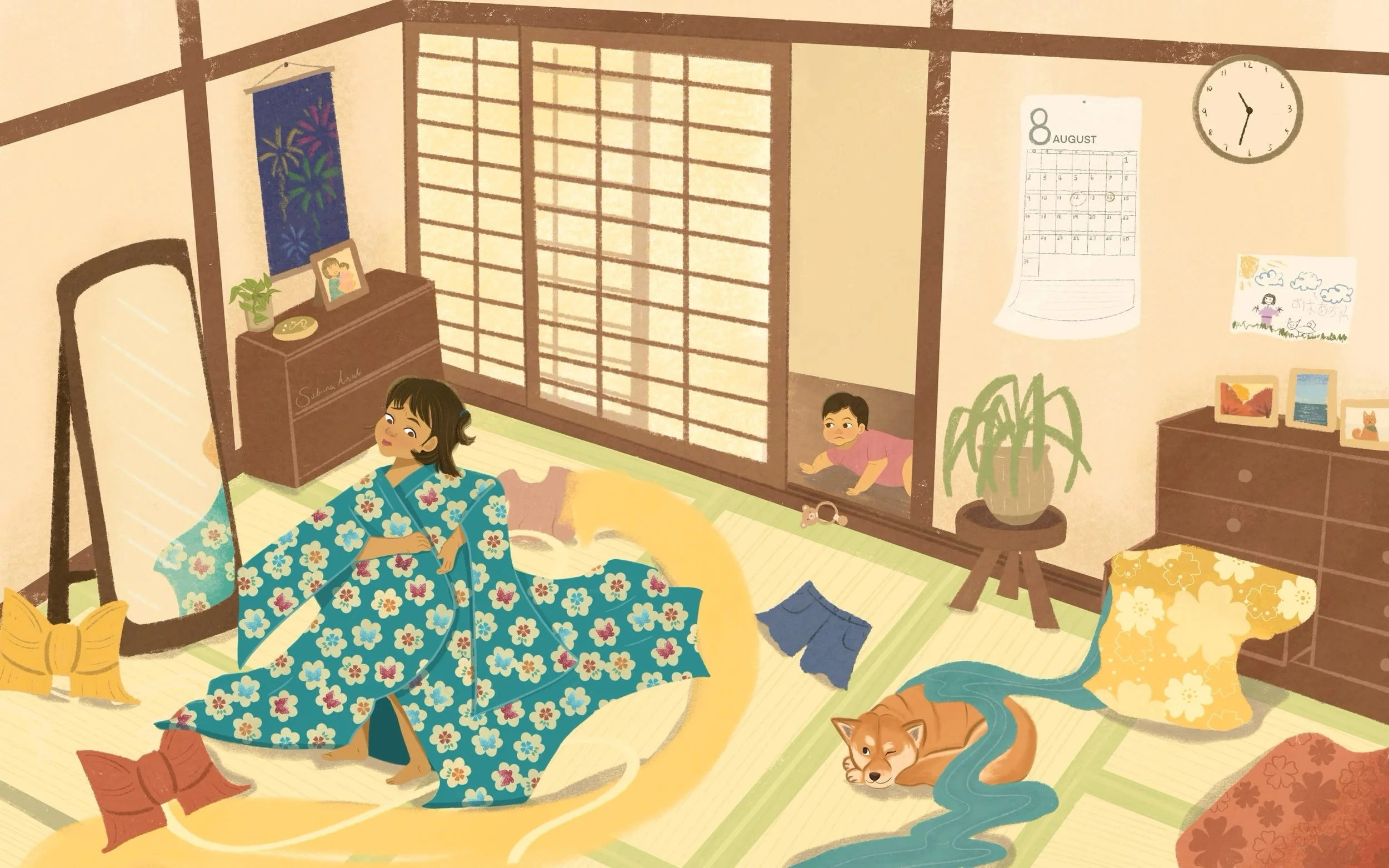 Tying a Yukata can be tricky! 👘
I can&rsquo;t believe just like that, summers over already. I&rsquo;m glad a part of it can still live on in this illustration ✨✨
I enjoyed working on this spread over the hot days and loved putting parts of my summer