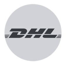 DHL logo on a light gray circular background