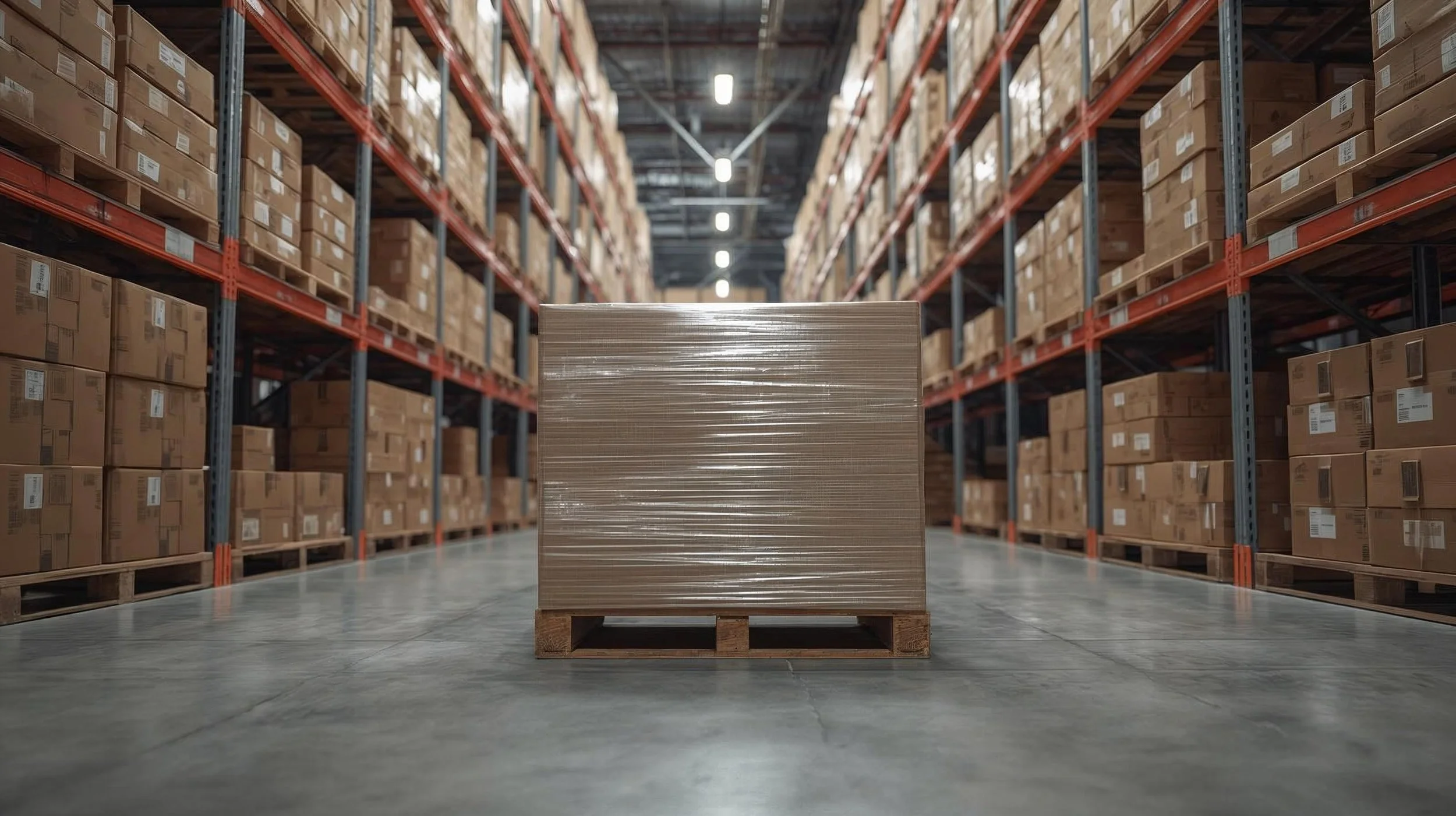 A pallet stacked with cardboard boxes wrapped in plastic in a warehouse aisle lined with shelves filled with brown boxes.
