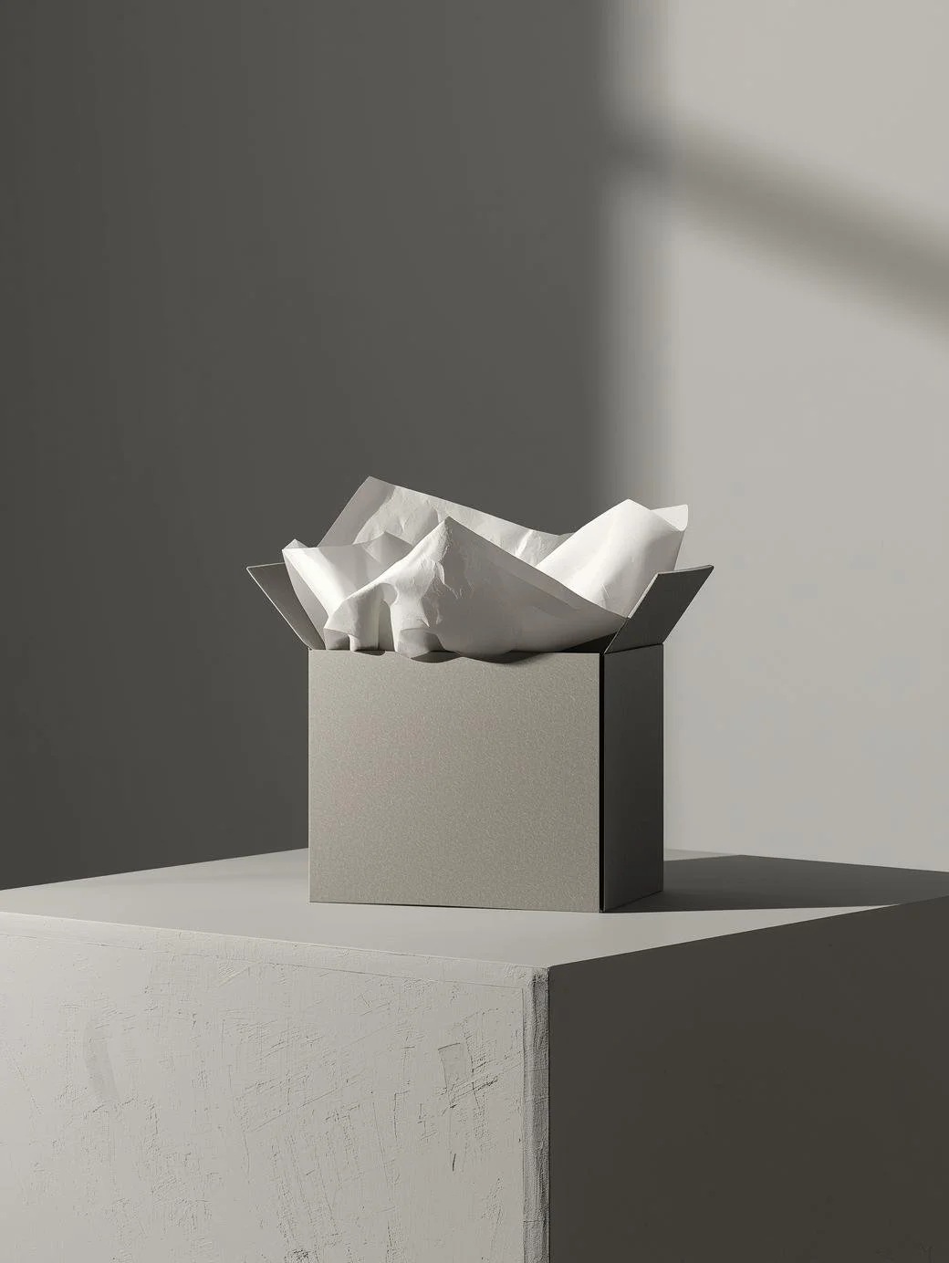 A plain gray box with an open top, filled with crumpled white tissue paper, placed on a white surface against a background with light and shadow.