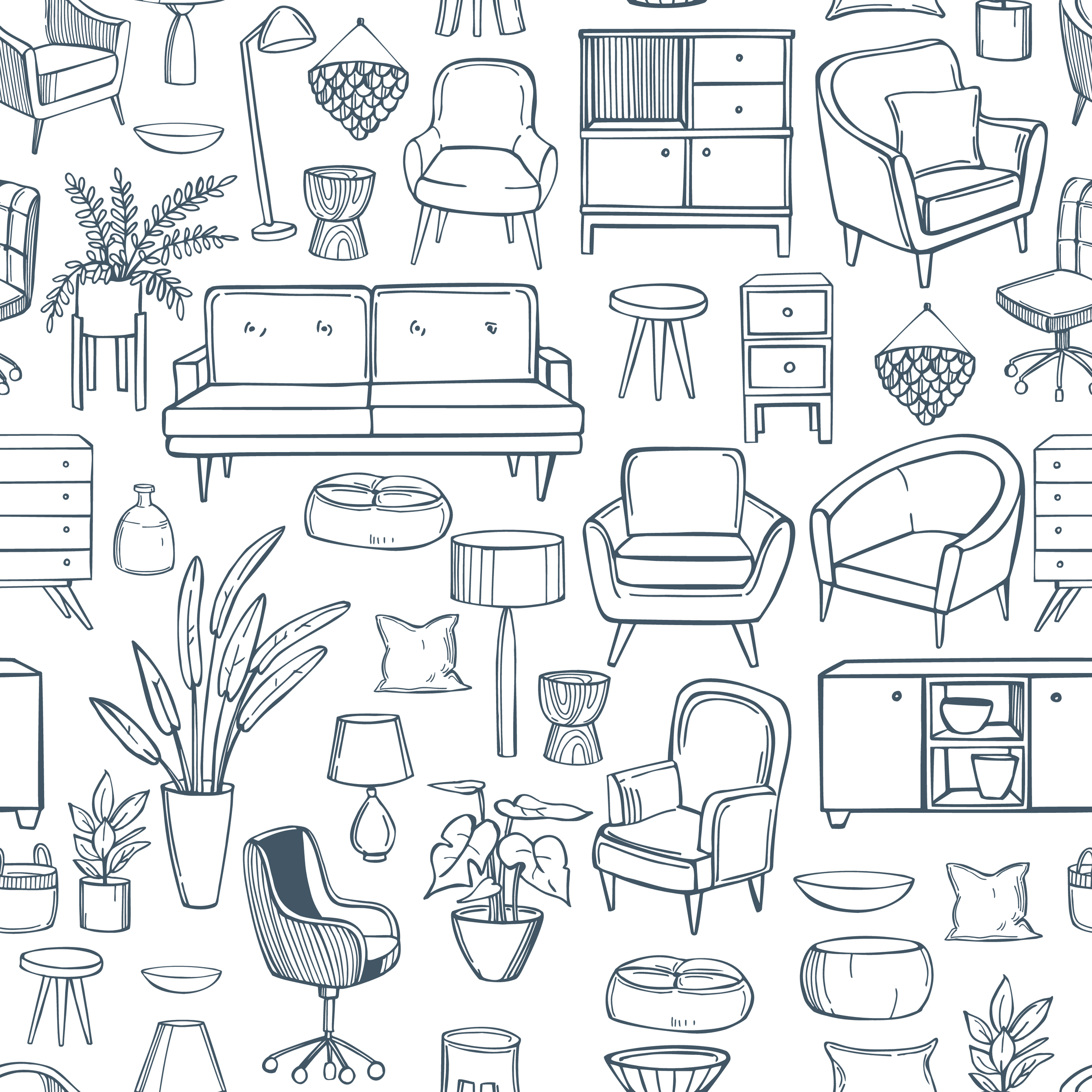 Line drawing of various living room furniture and decor items, including chairs, sofas, side tables, plants, lamps, and cabinets arranged in a pattern.