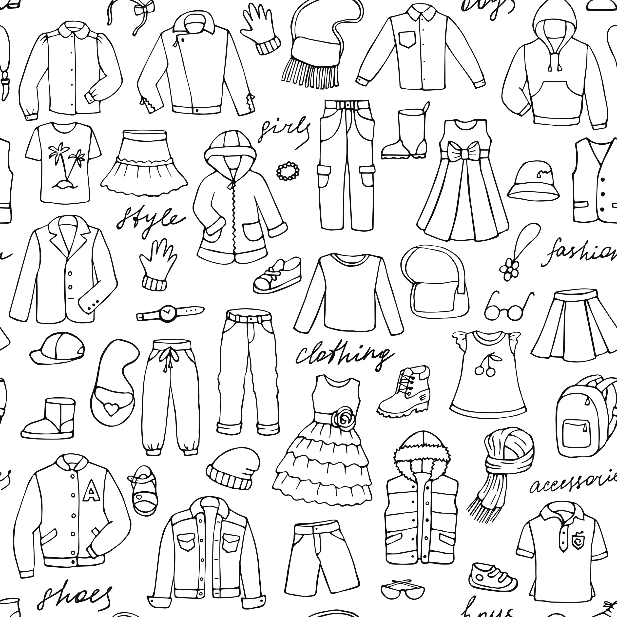 Black and white line drawing of various clothing and accessories, including jackets, shirts, pants, skirts, shoes, hats, gloves, and glasses, with words like 'style,' 'girls,' 'clothing,' 'fashion,' and 'accessories' written among them.