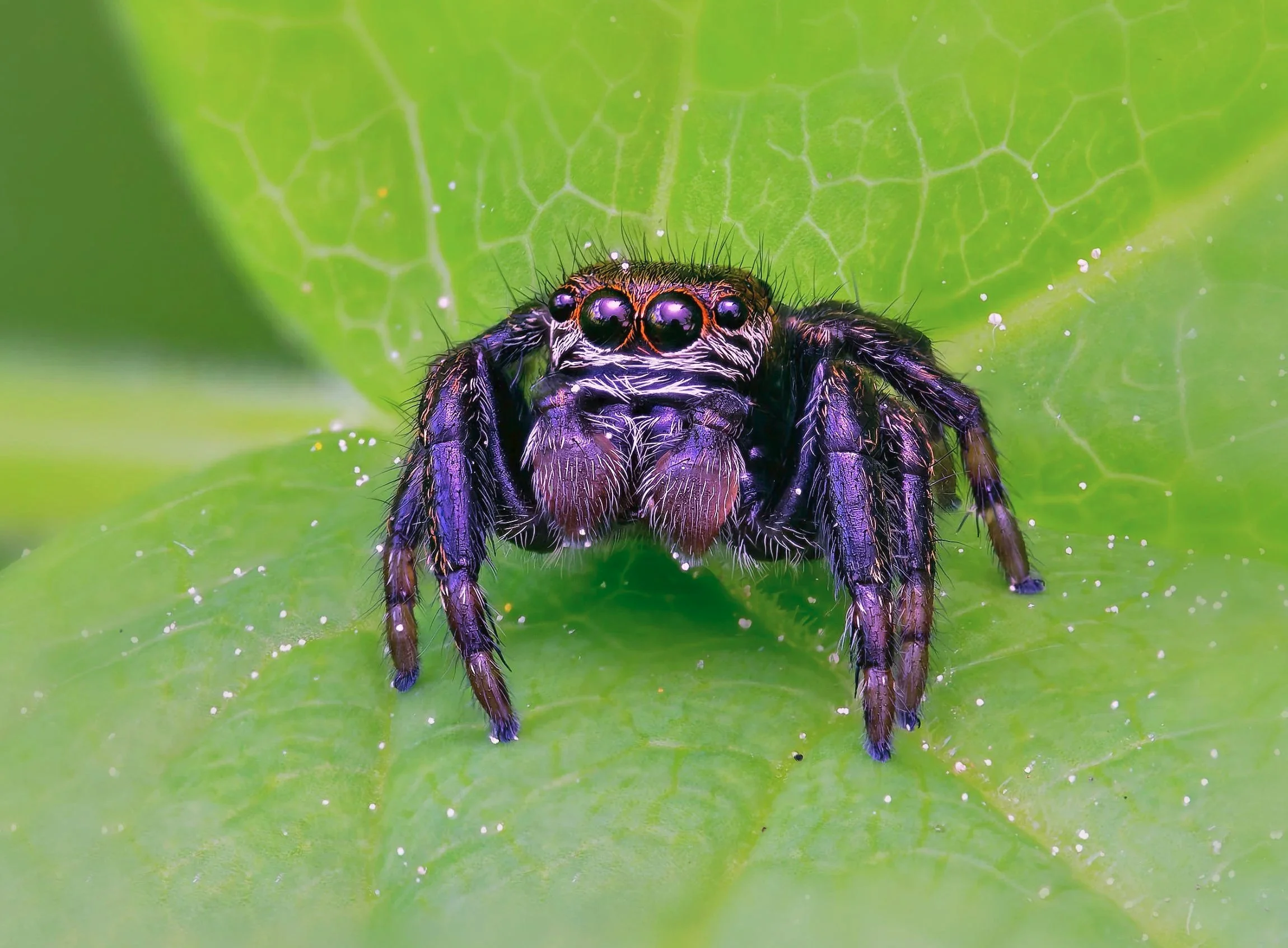 Lähikuva makrokuvassa violetti hyppyhämähäkki (purple jumping spider) lepää kirkkaan vihreällä lehdellä. Kuva näyttää tarkasti hämähäkin suuret, kiiltävät monisilmät, hienot karvat koko kehossa sekä upean värikkään, metallinkiiltoisen violetin ja tur