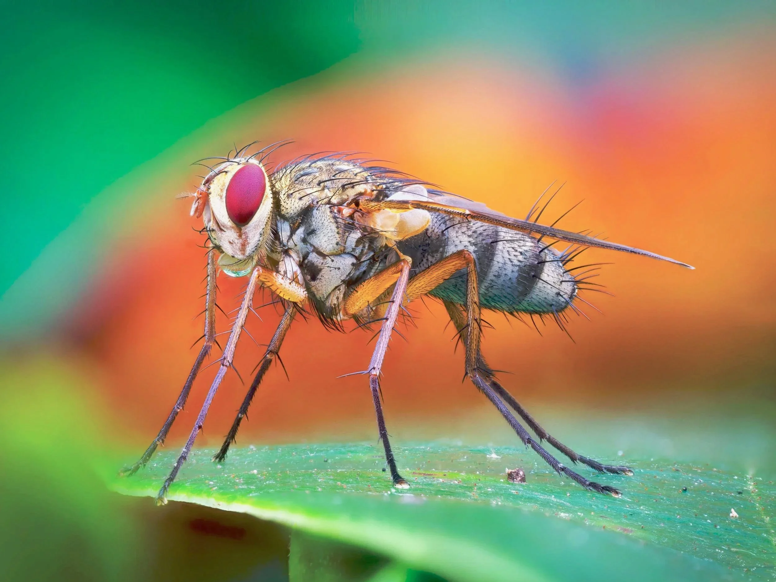 Makrokuva kärpäsestä, jonka kirkkaanpunaiset silmät erottuvat selvästi sen seistessä vihreällä lehdellä; pienet karvat ja yksityiskohdat ovat terävinä pehmeän oranssi–vihreää taustaa vasten.