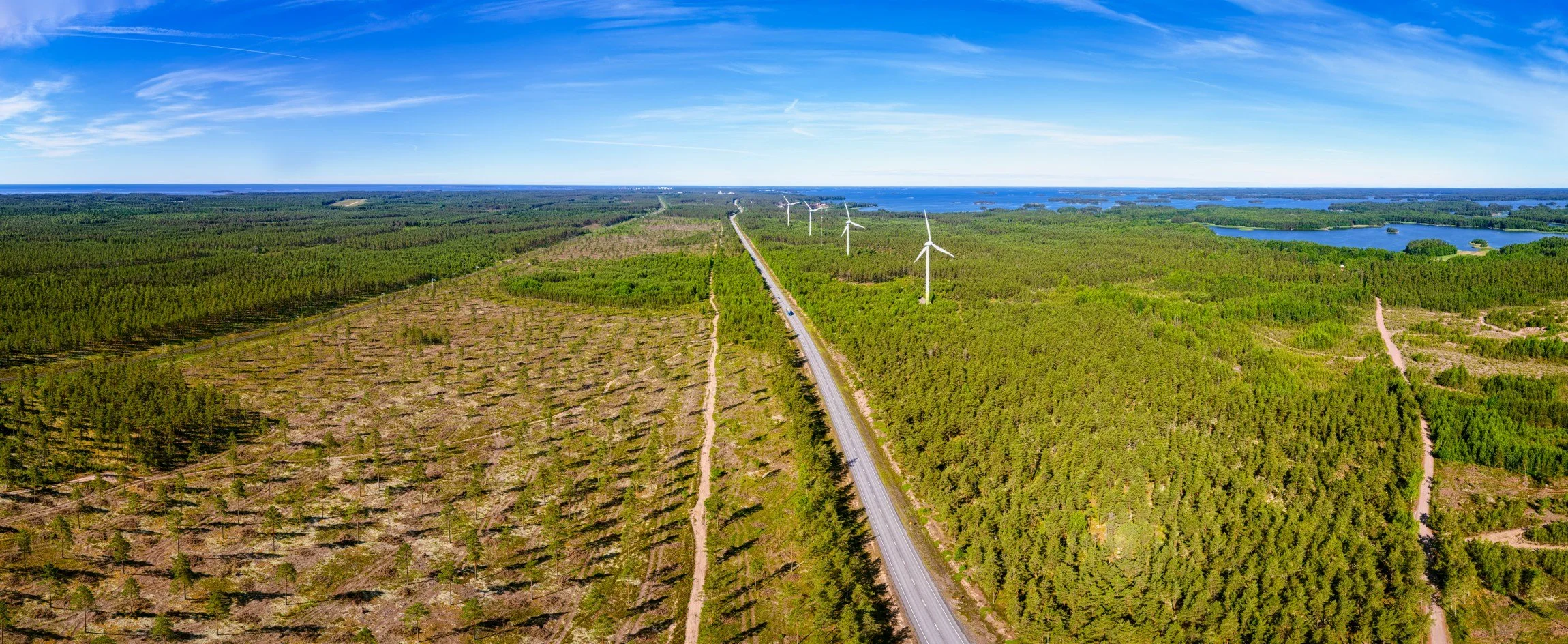 Aerial panorama looking south along the highway toward Hanko, Finland, with wind turbines rising above the pine forest on the right. A recently clear-cut area dominates the left, contrasting with dense mature forest on the right. The Gulf of Finland 