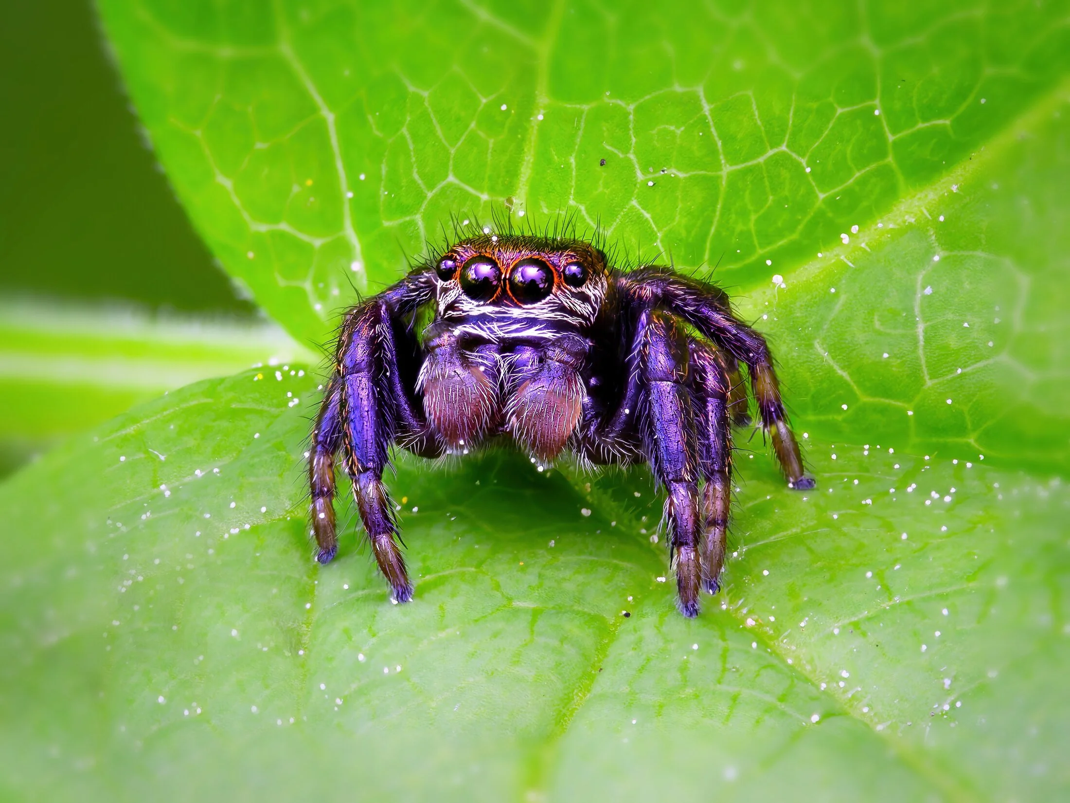 Close-up macro image of a purple jumping spider resting on a bright green leaf. The picture accurately shows the spider's large, shiny multi-eyes, fine hairs all over its body, and a gorgeous, colorful, metallic body in purple and turquoise tones. Th