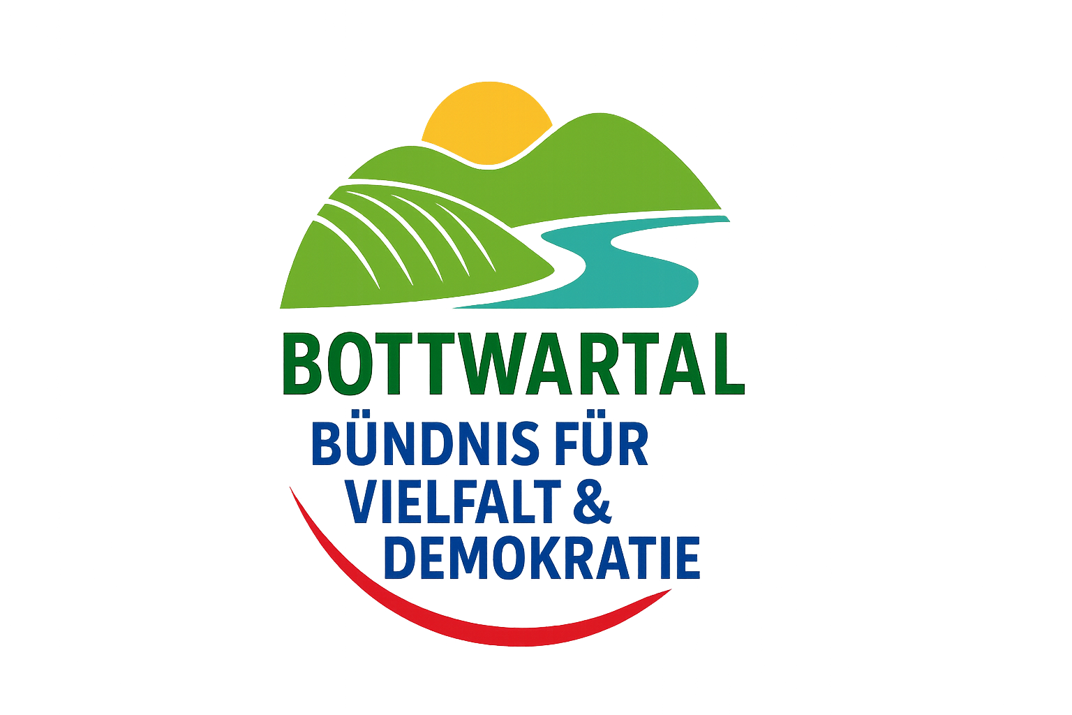 Logo des Bündnisses Bottwartal mit einem grünen, blauen und roten Kreis, der eine Landschaft mit Hügeln, Wasser und Sonne zeigt, und Text in Deutsch.