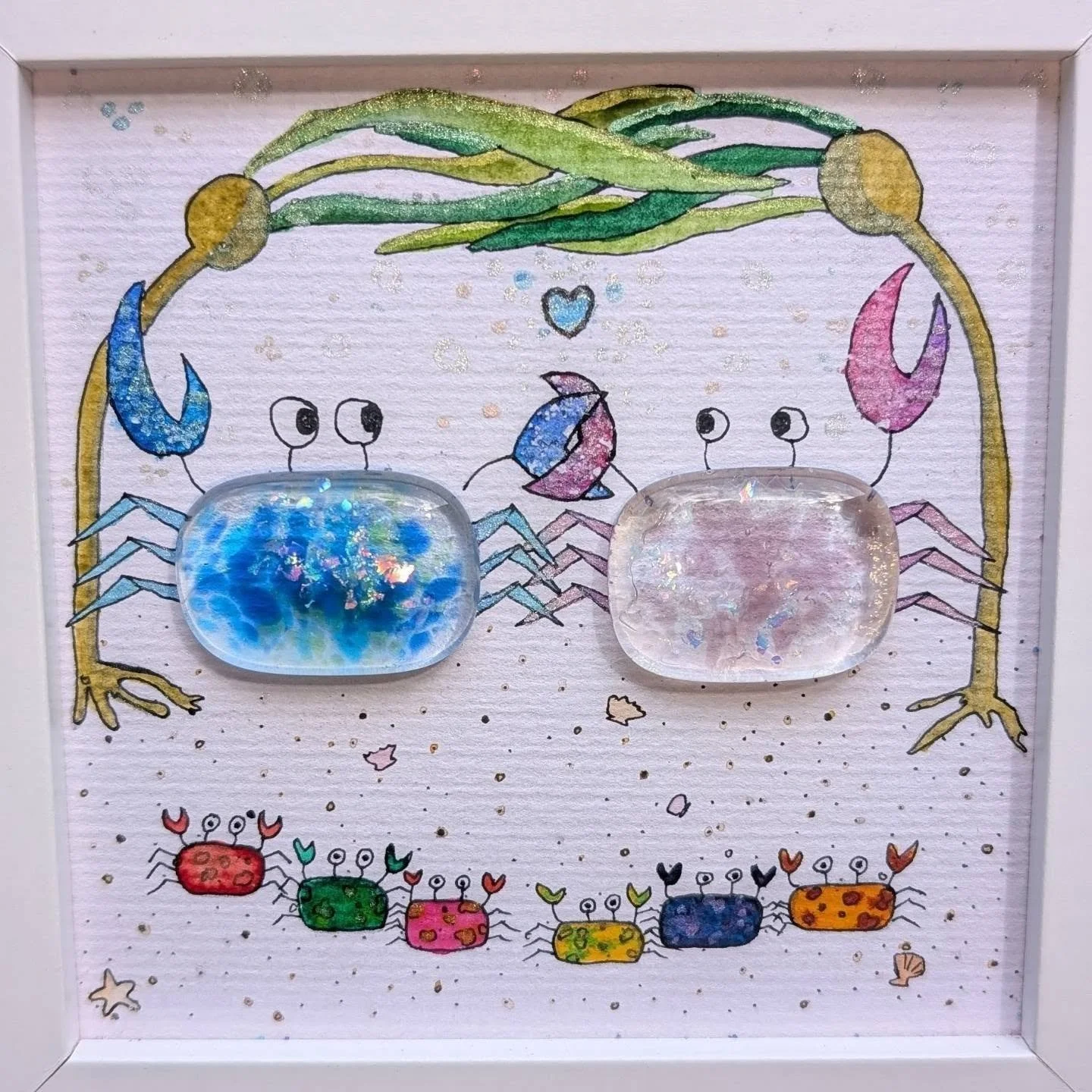I'm stoked to introduce a selection of custom wedding keepsakes, perfectly timed for this bustling season of love.

Fused glass watercolor crab portraits start at $40 (3x3 frame) and can be tailored to feature your family, wedding party, or even your