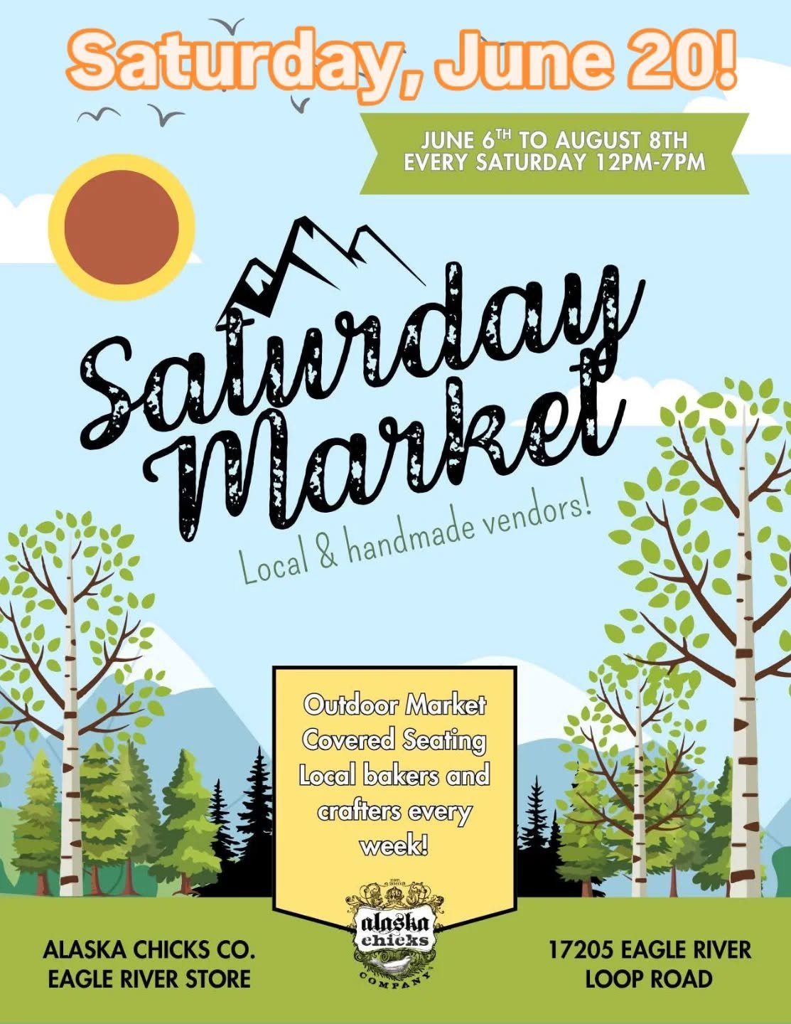 I'll be at the Eagle River Alaska Chicks Saturday Market on June 20! Stop by for good snacks, cold drinks, and locally made arts and crafts!