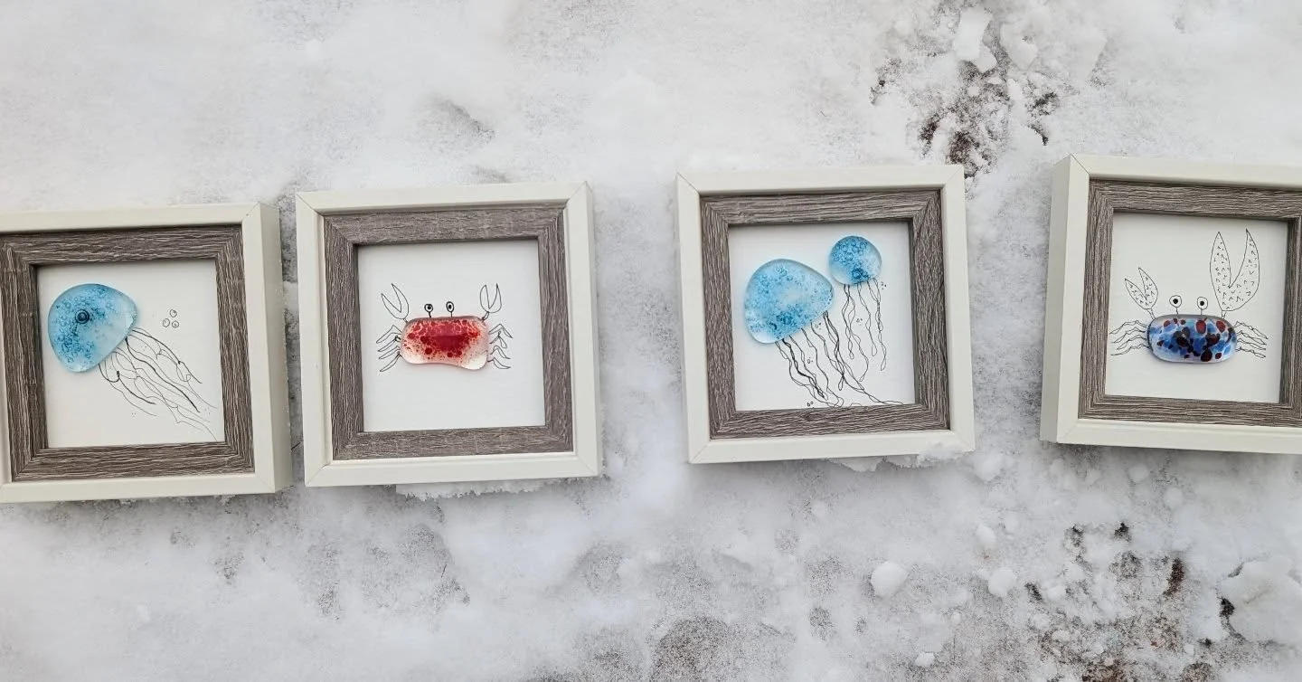 These weirdos went fast at the last market! DM for critter commissions. These 3x3 framed critters go for $25+ shipping. :) 🦀 🪼