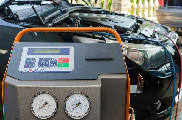 Automotive diagnostic machine with gauges and control panel in front of an open car hood.