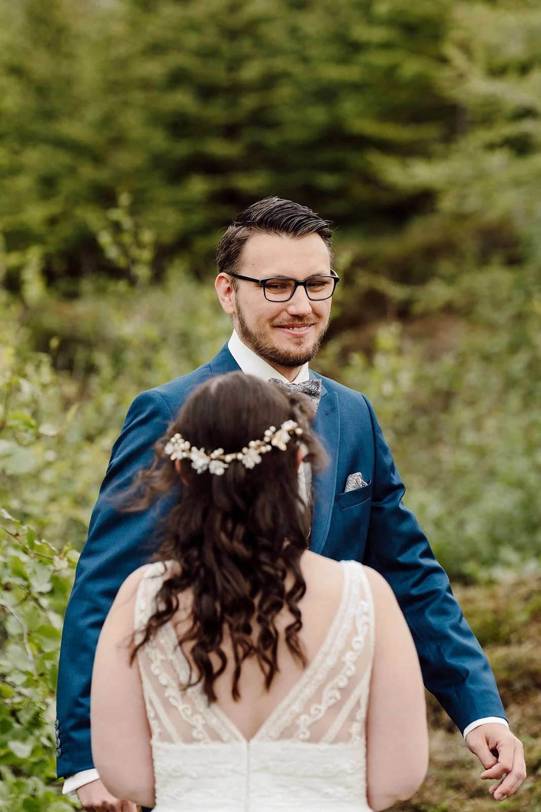 Emotional first look between bride and groom during an intimate elopement in Iceland