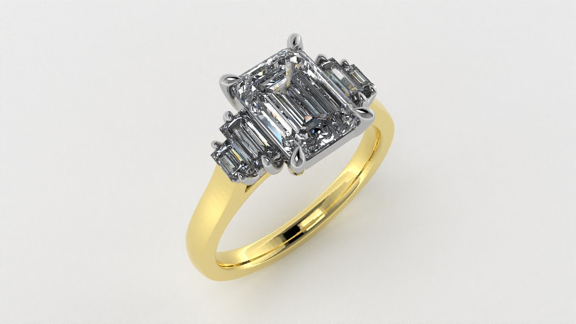 A gold ring with a large rectangular cluster of diamonds set in a white metal, possibly platinum or white gold, on a plain white background.