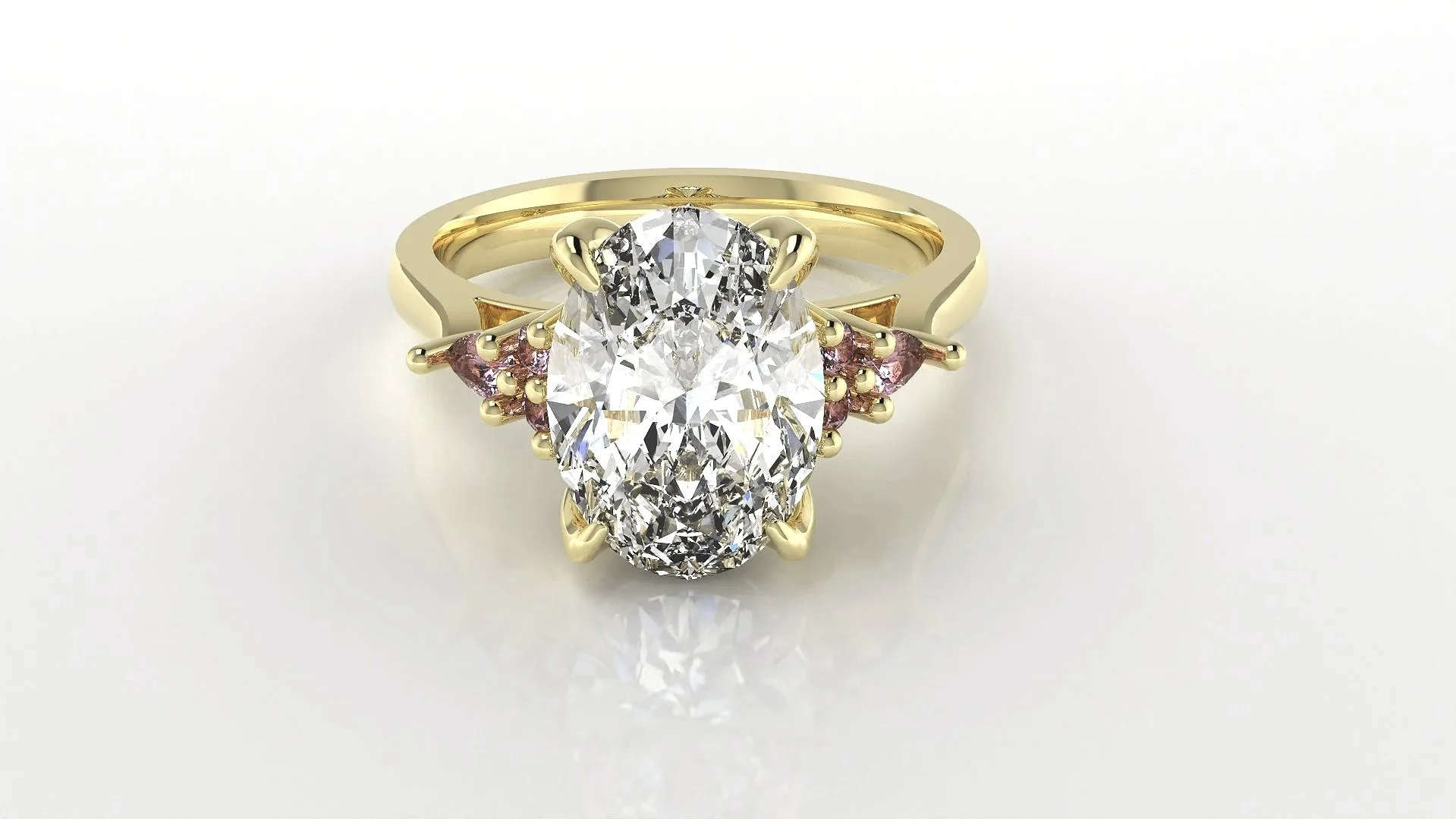 18ct Yellow Gold Engagement Ring Set With Oval Dimond and Pink Sapphires