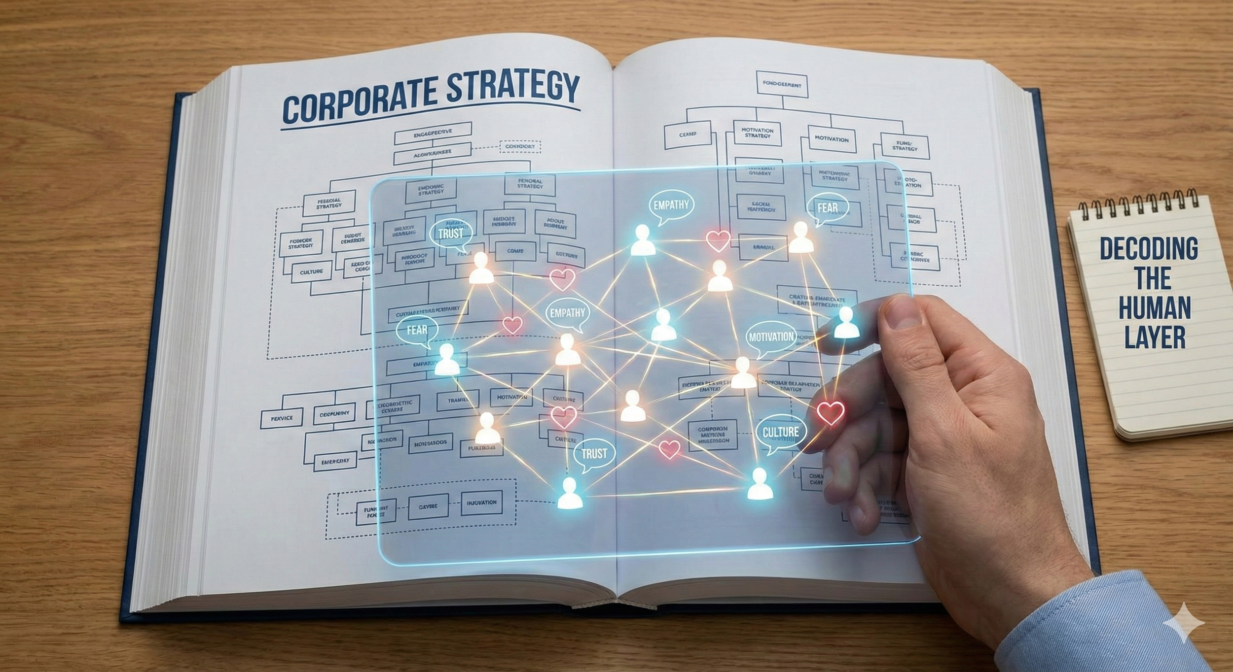 Open book titled 'Corporate Strategy' on a wooden desk with a holographic overlay of a network diagram of people, emotions, and concepts like trust, empathy, fear, and culture. A person's hand points to the diagram. To the right, a notepad reads 'Decoding the Human Layer'.