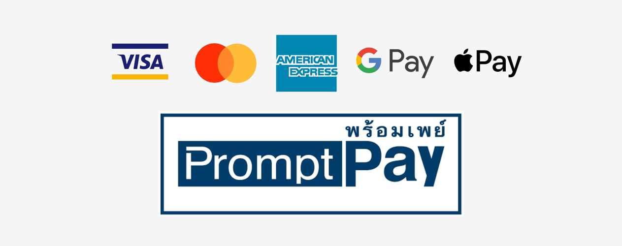 Logos of Visa, Mastercard, American Express, Google Pay, and Apple Pay above the prompt pay logo with Thai text.