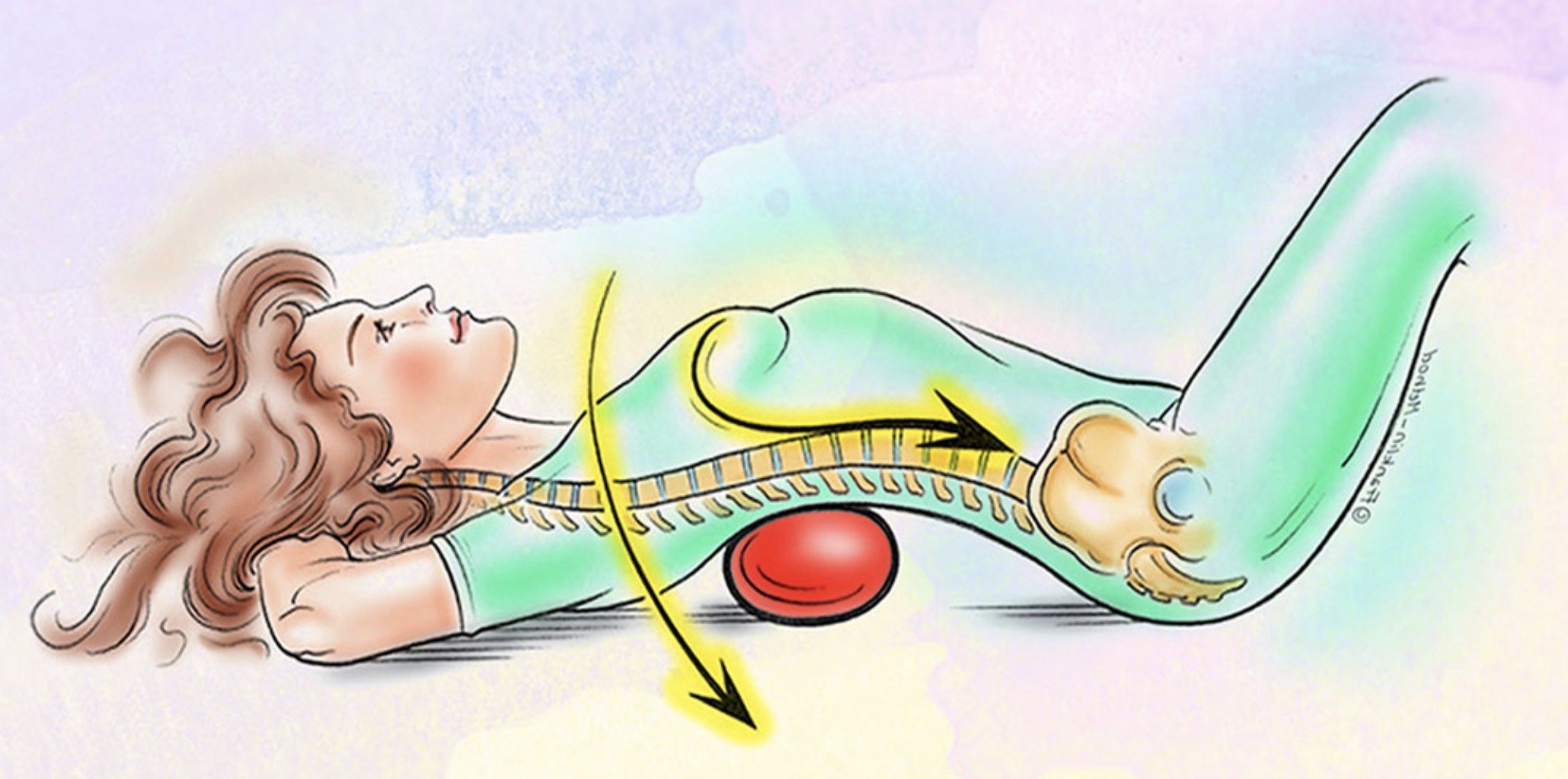 An illustration of a woman lying on her back with her eyes closed, demonstrating proper breathing technique. Arrows indicate air flowing into her lungs and stomach as she breathes deeply.