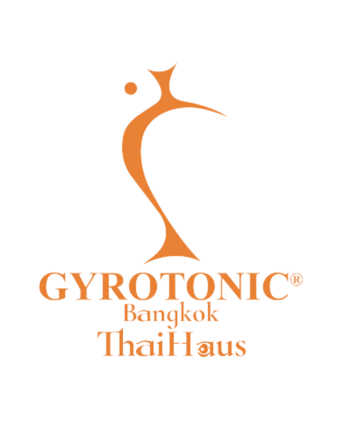Logo for Gyrotonic Bangkok Thai House featuring a stylized orange and beige spine with a small circle representing a head, and the text 'Gyrotonic Bangkok Thai House' below in orange and yellow.