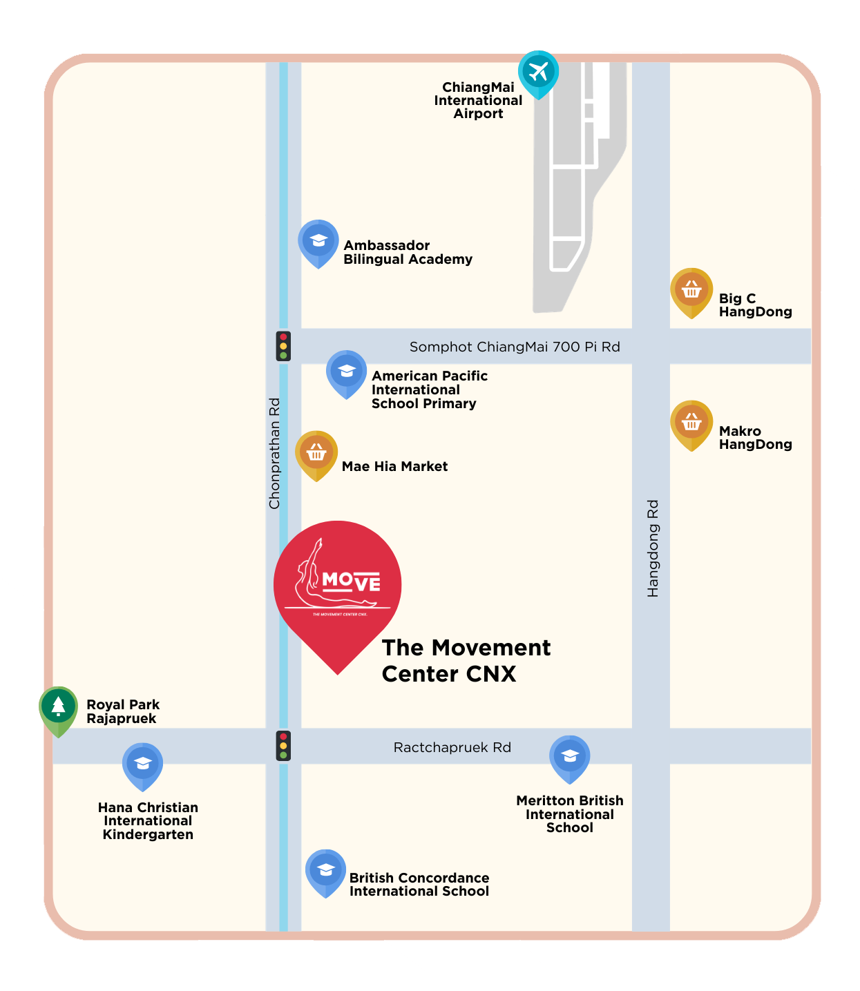 Map of a section of Chiang Mai showing roads, landmarks, schools, markets, and the location of The Movement Center CNX.