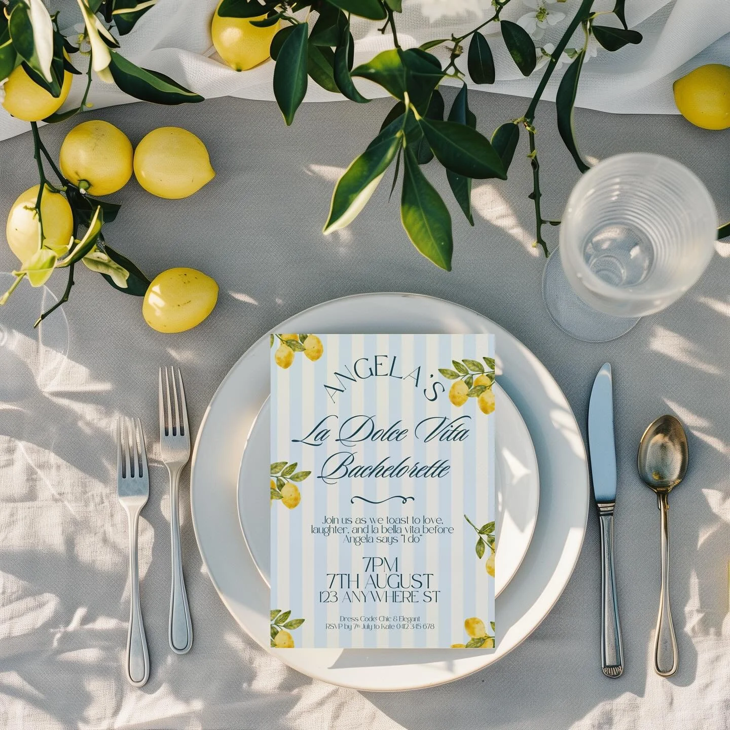 🍋✨ Say hello to La Dolce Vita vibes! This lemon &amp; stripe bachelorette invitation template brings Italian summer elegance to your celebration. 💍🇮🇹

✨ Instantly editable in Canva
✨ Perfect for chic bachelorettes &amp; bridal showers
✨ Download,