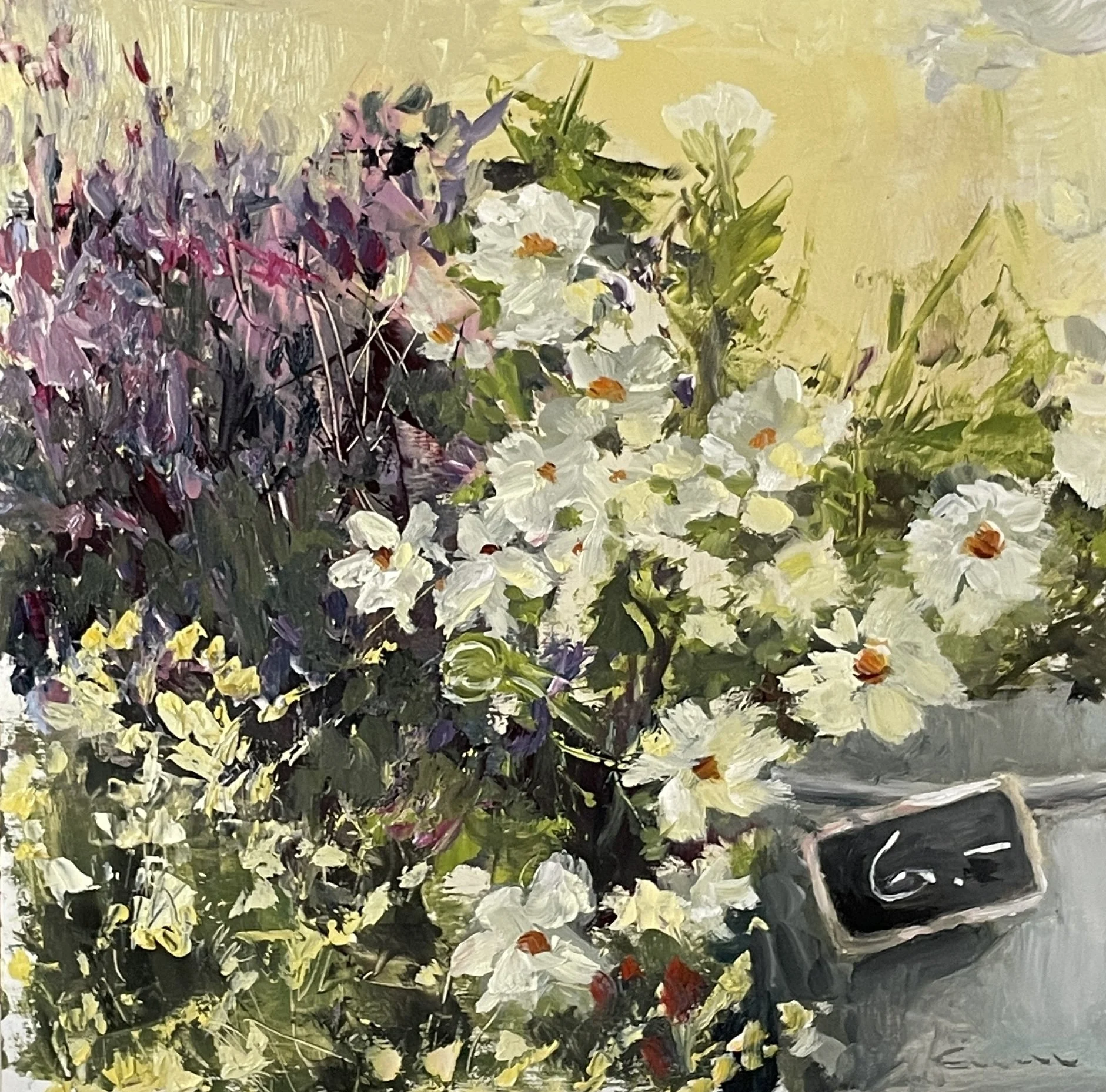 In the flower shop | oil and cold wax on panel | 15 x 15 cm | framed | available 