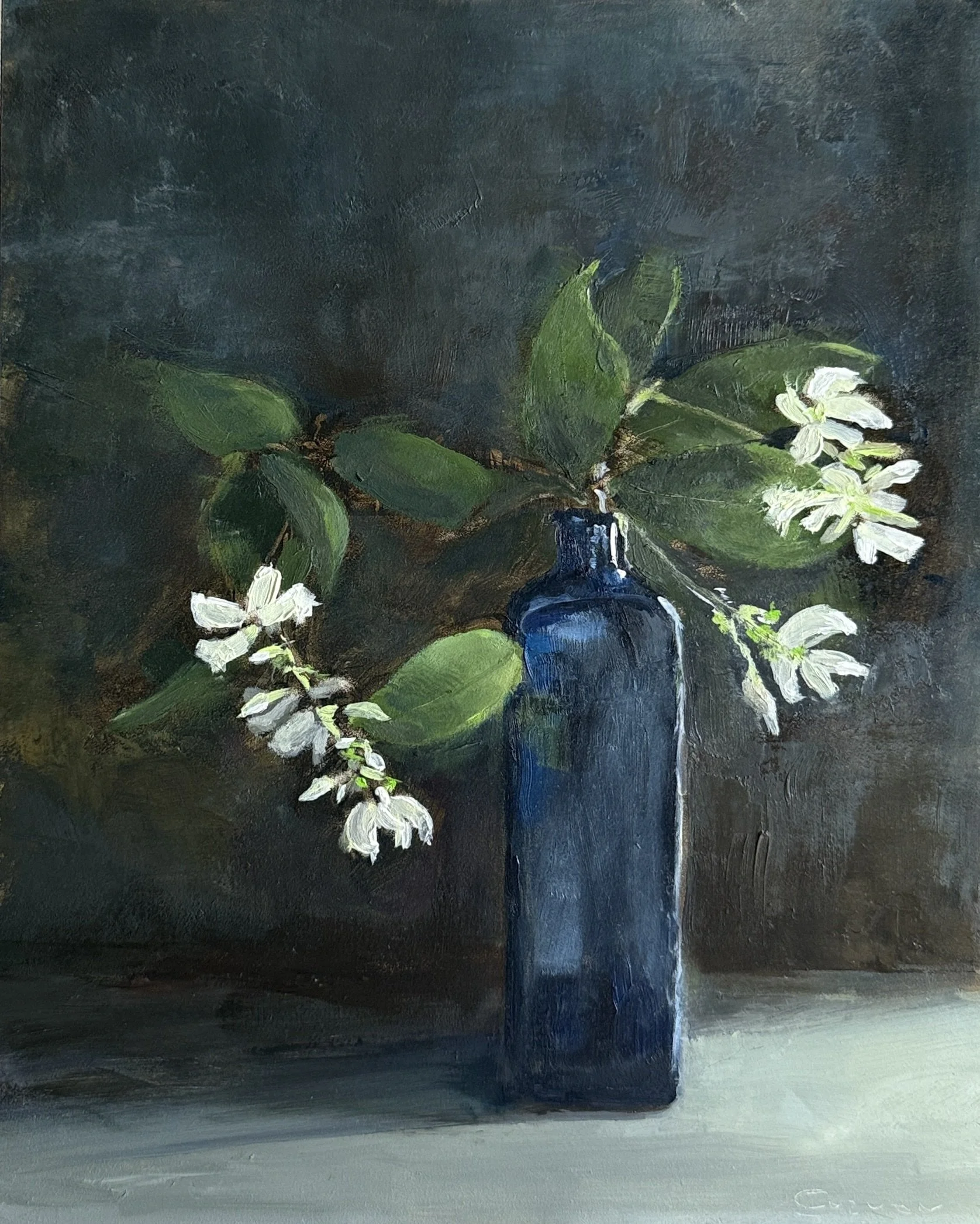 Tuscan Jasmin in old blue vase | oil and cold wax on panel | 20 x 25 cm | framed | private collection