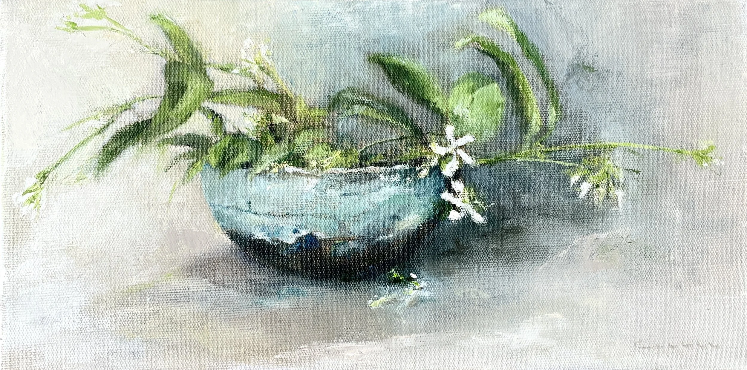 Tuscan Jasmin in hand-made bowl | oil and cold wax on linen | 20 x 40 cm | not available 