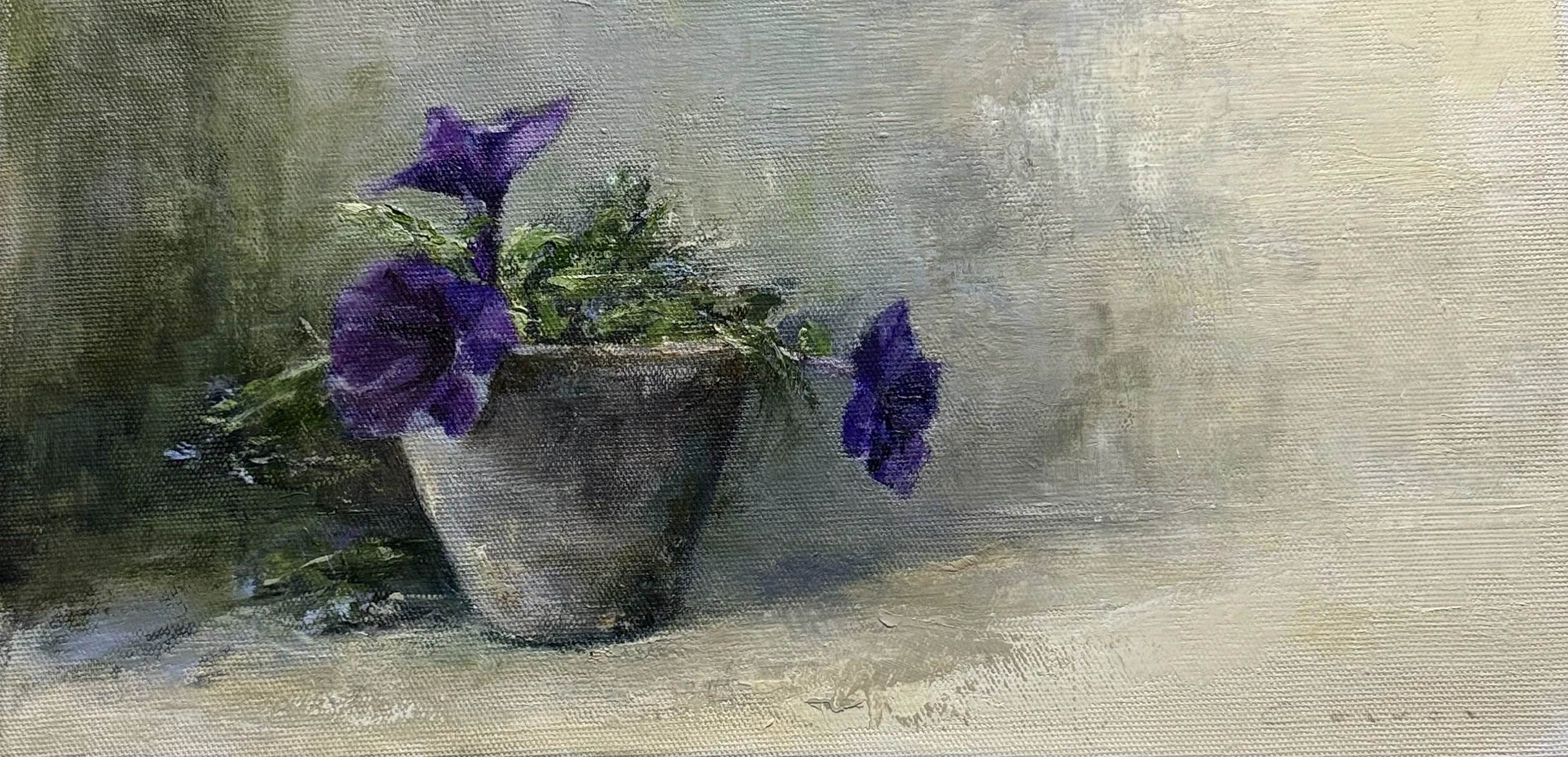 Petunia and some Myosotis | oil and cold wax on linen | 20 x 40 cm | framed | available 