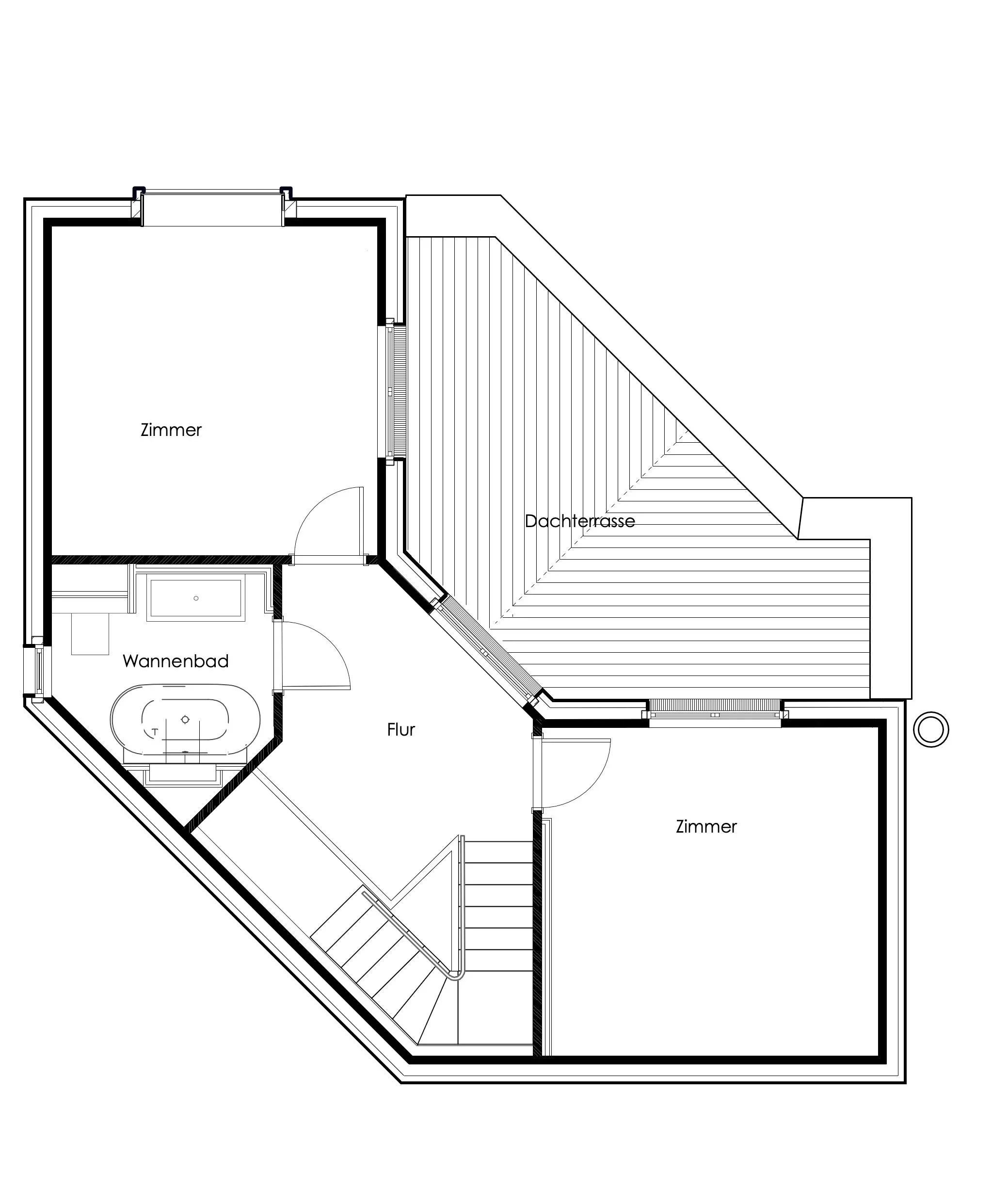 Grundriss eines Diagrams mit zwei Zimmern, einem Badezimmer, Flur, Dachterrasse und Treppe.