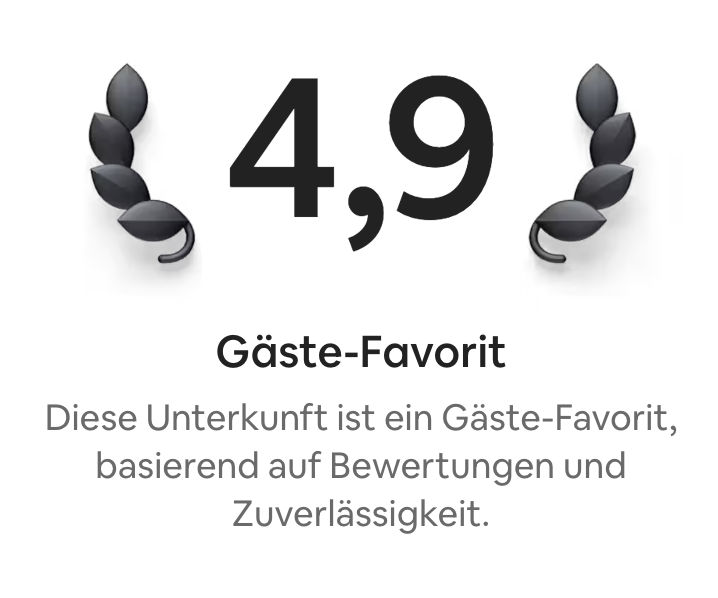 Bewertung von 4,9 als Gästefavorit mit laurelförmigen Dekorationen auf beiden Seiten, Beschreibung über die hohe Zufriedenheit und Zuverlässigkeit der Unterkunft.