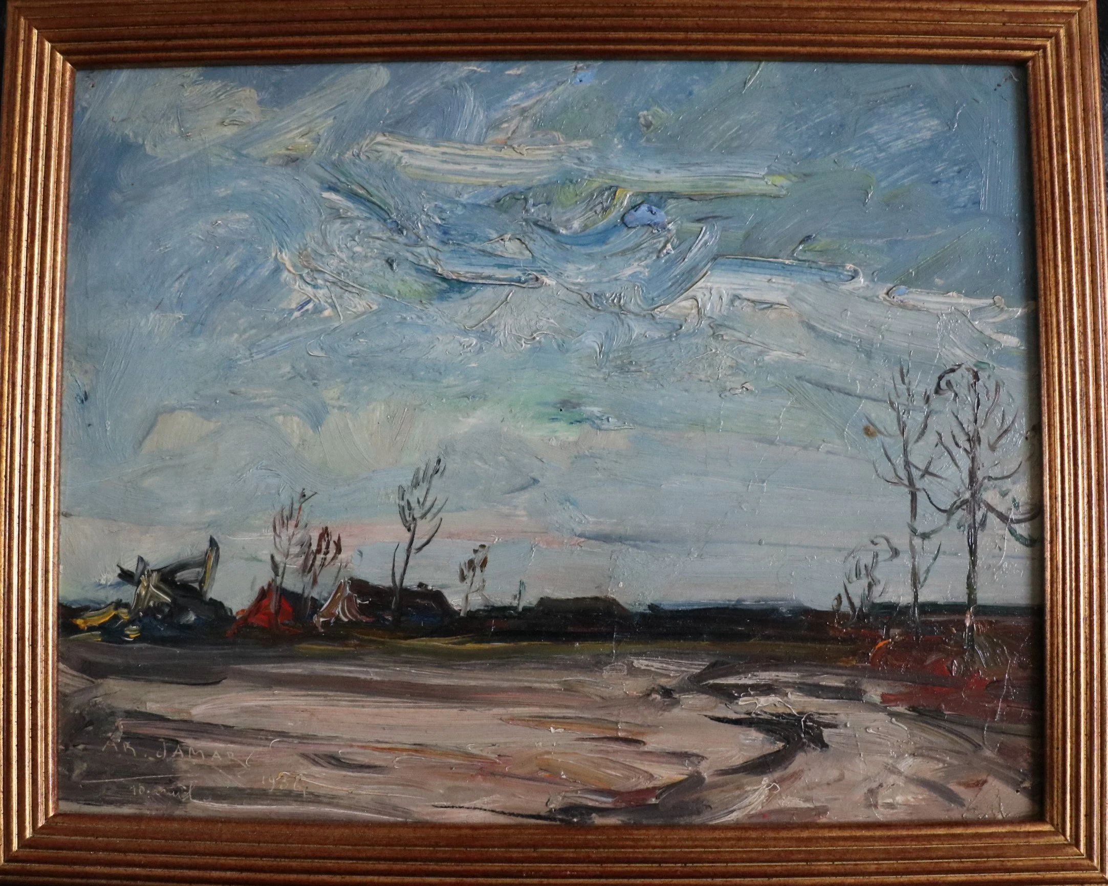 Peinture représentant des bateaux à voile dans un port, style impressionniste, signé A. Jamal, 1938.