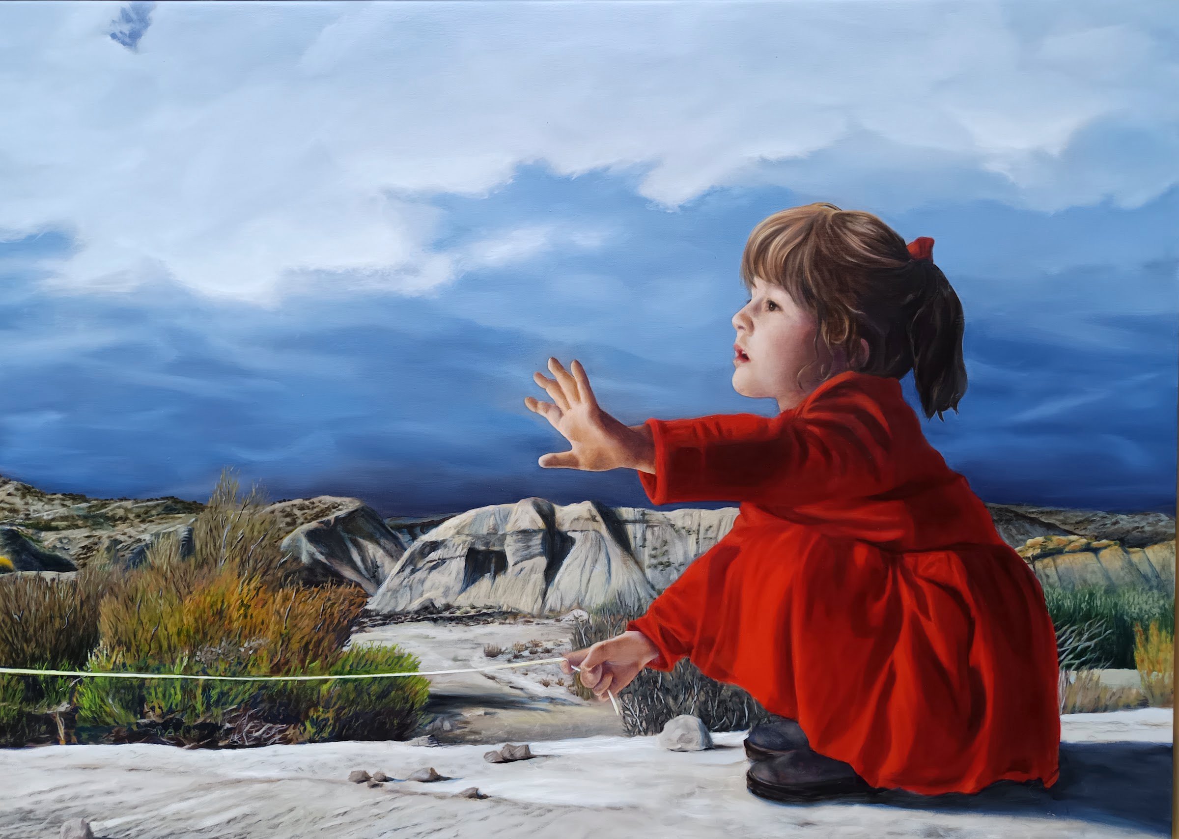 Gerda Vandamme — Red Girl with Ribbon, fillette vêtue de rouge dans un paysage